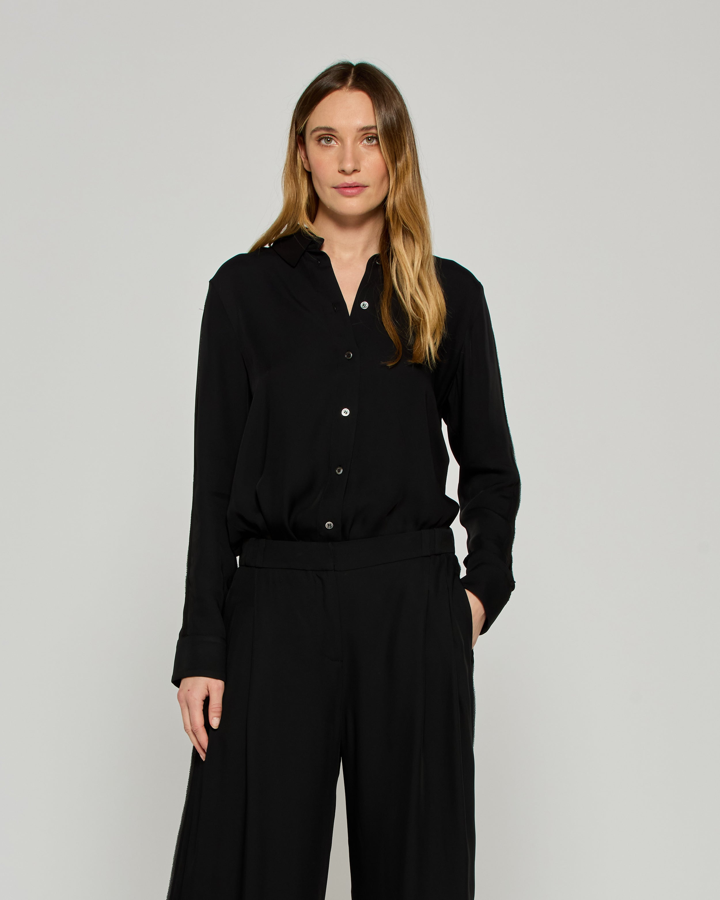 Classic Shirt with Georgette Trim - Black