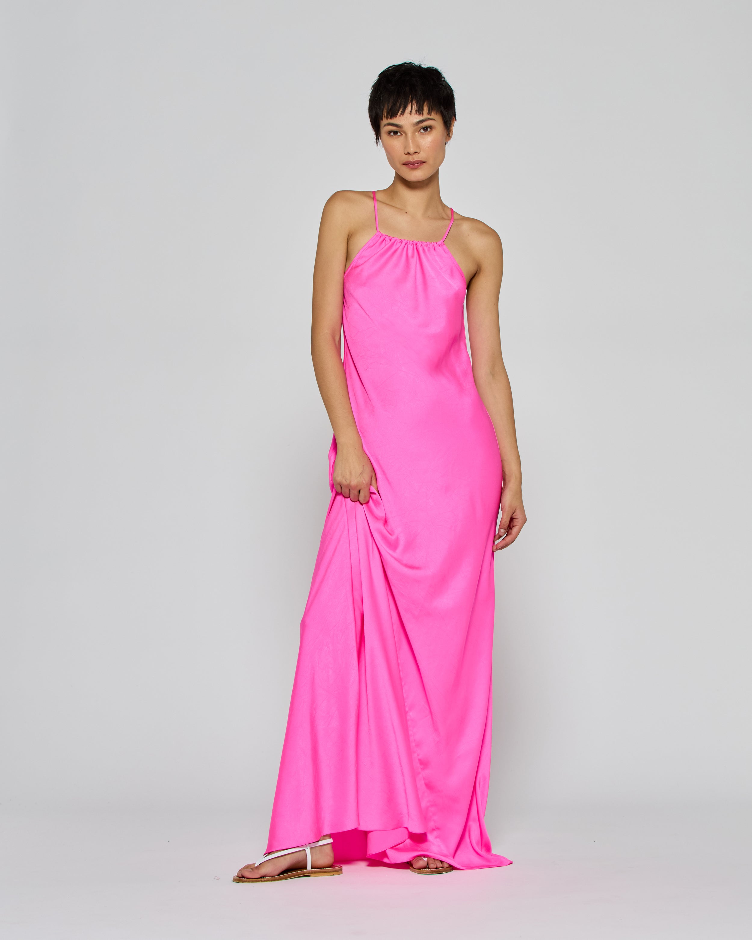 Gathered Neck Bias Dress - Shocking Pink
