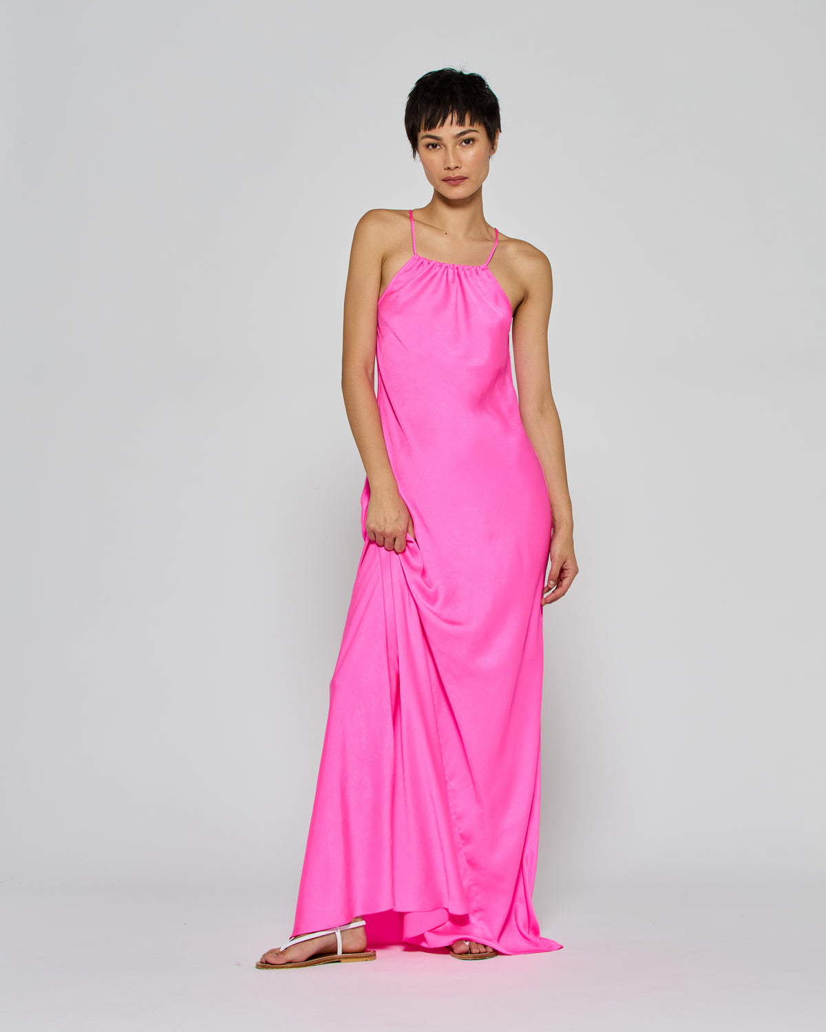 Gathered Neck Bias Dress - Shocking Pink