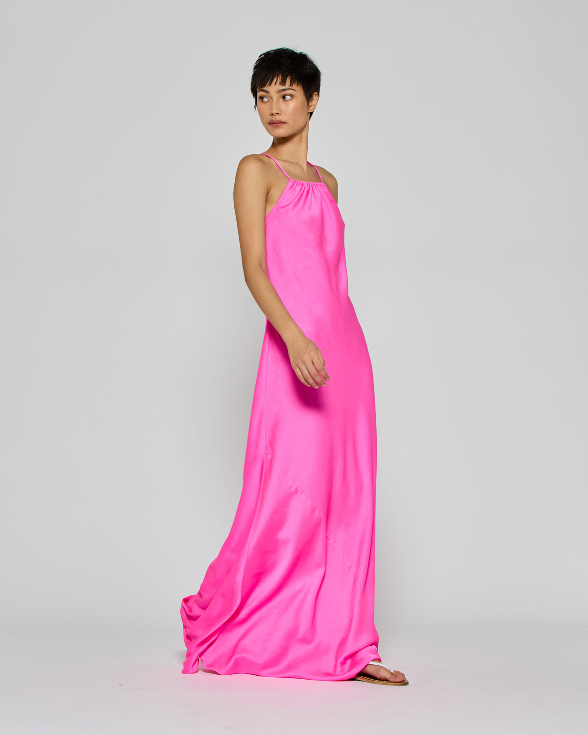 Gathered Neck Bias Dress - Shocking Pink