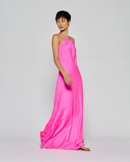 Gathered Neck Bias Dress - Shocking Pink