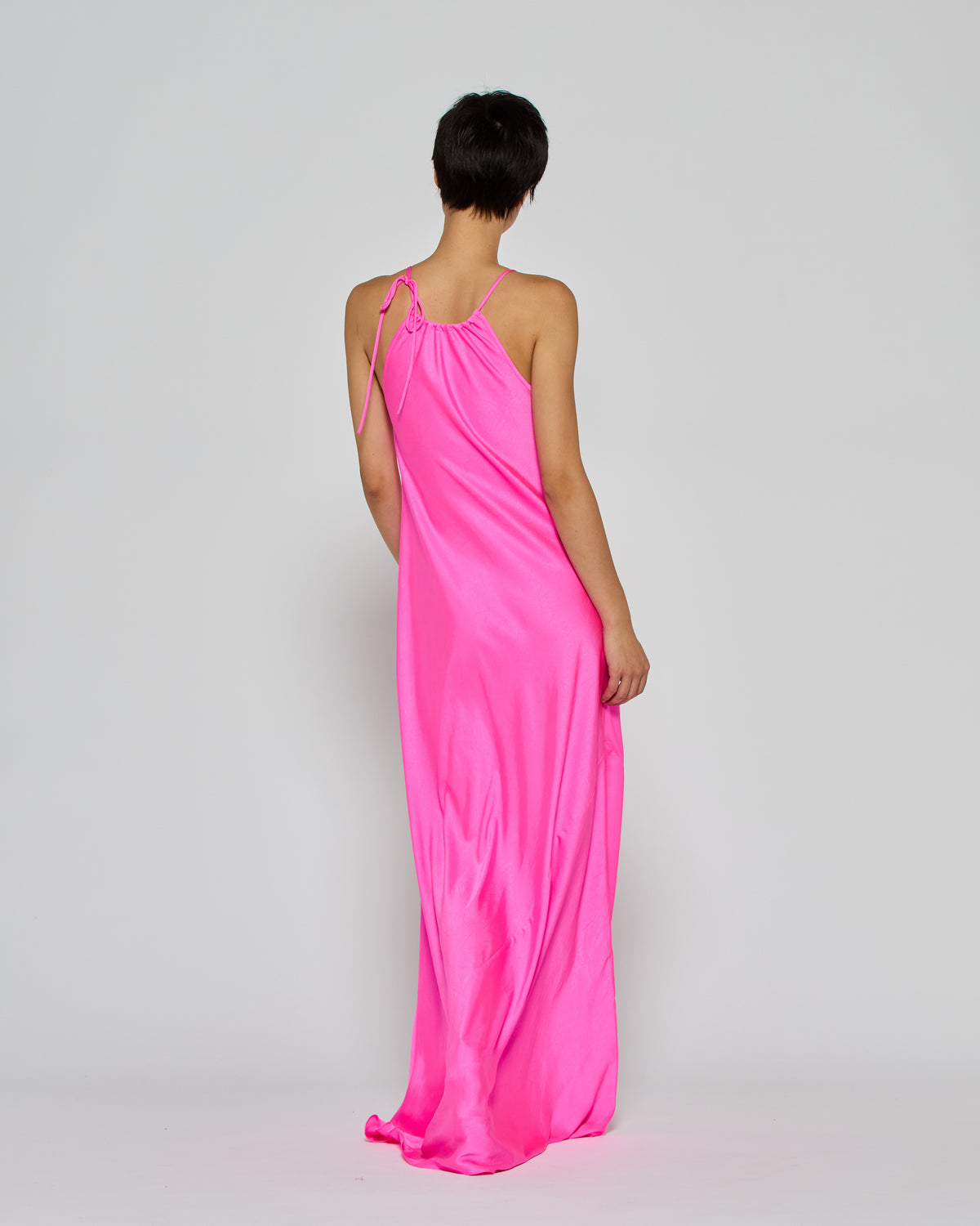 Gathered Neck Bias Dress - Shocking Pink
