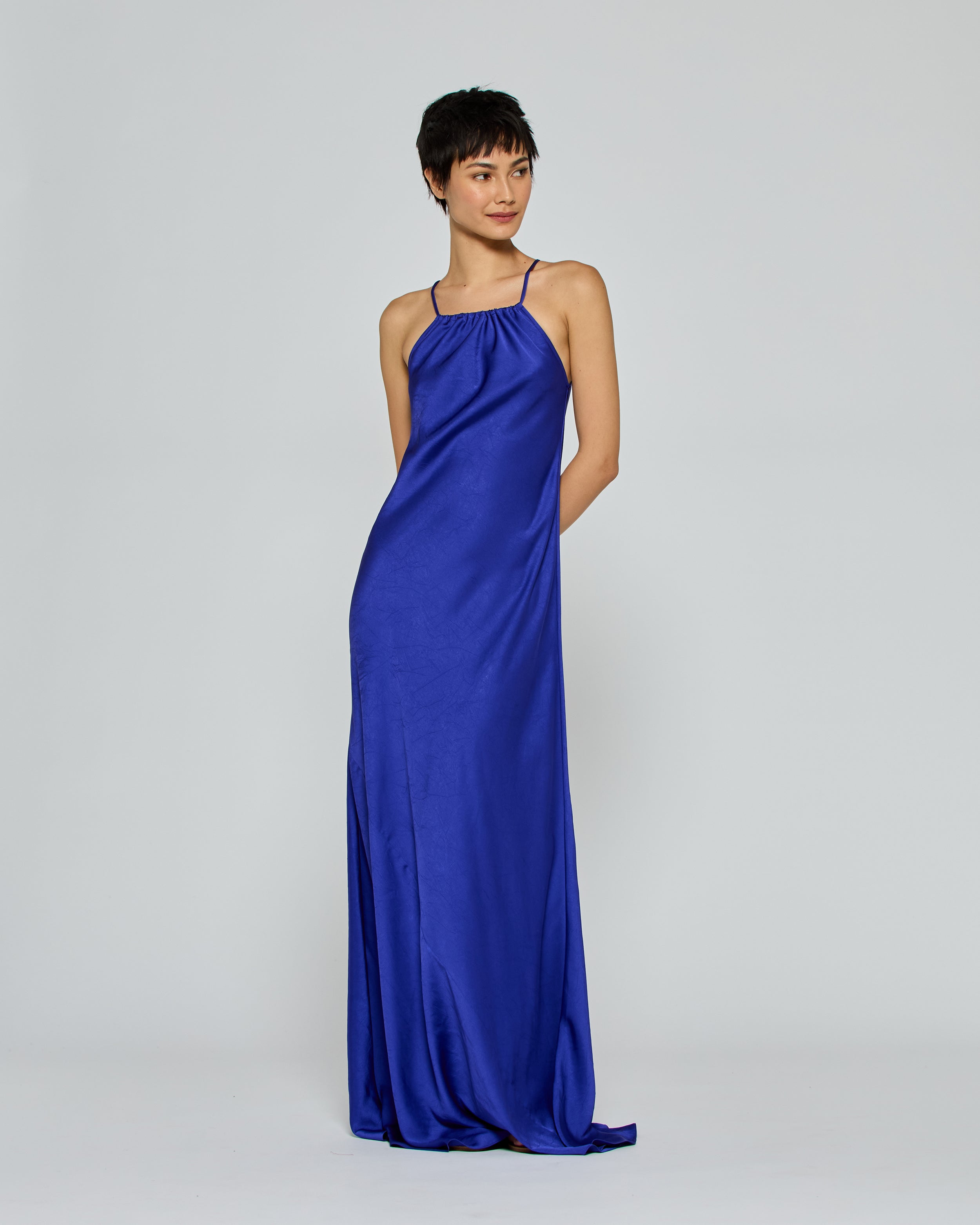Gathered Neck Bias Dress - Violet Blue
