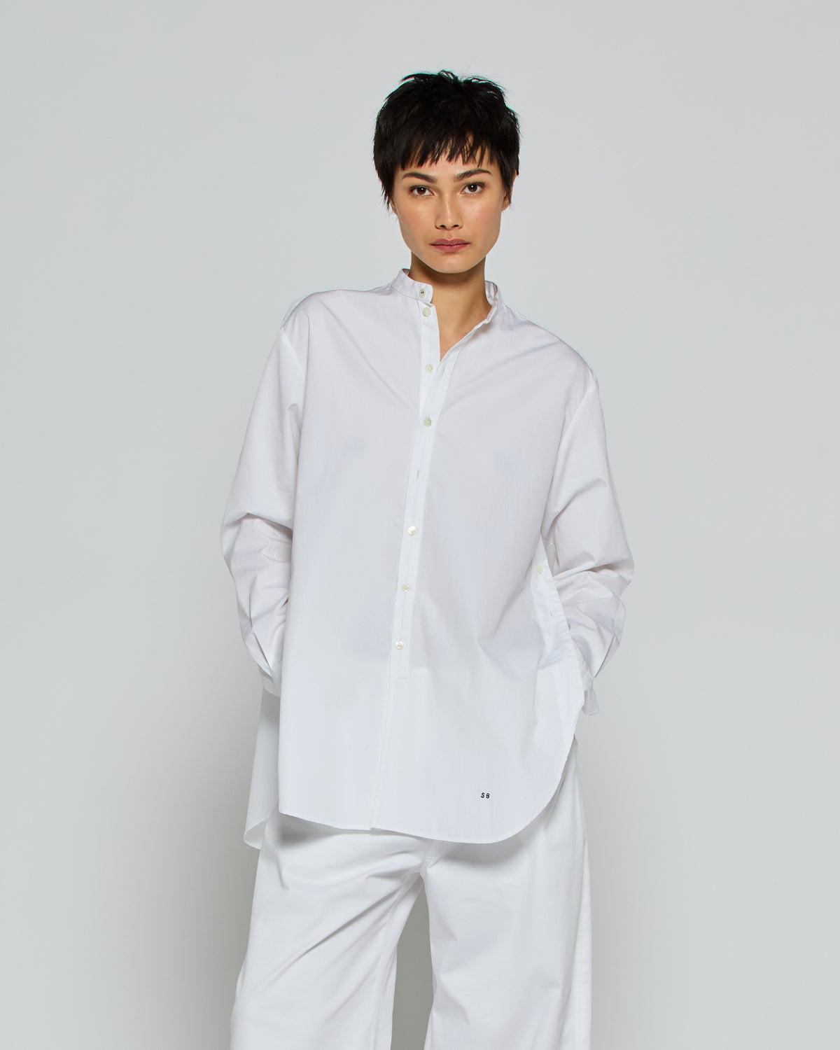 Collarless Shirt with Side Opening - White