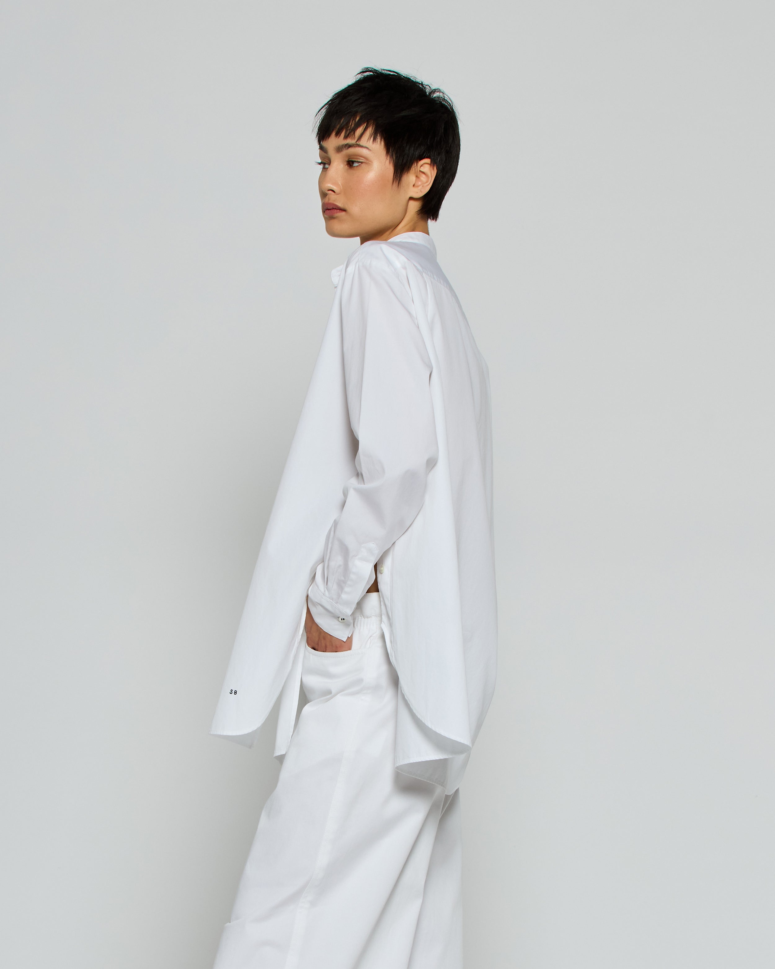 Collarless Shirt with Side Opening - White