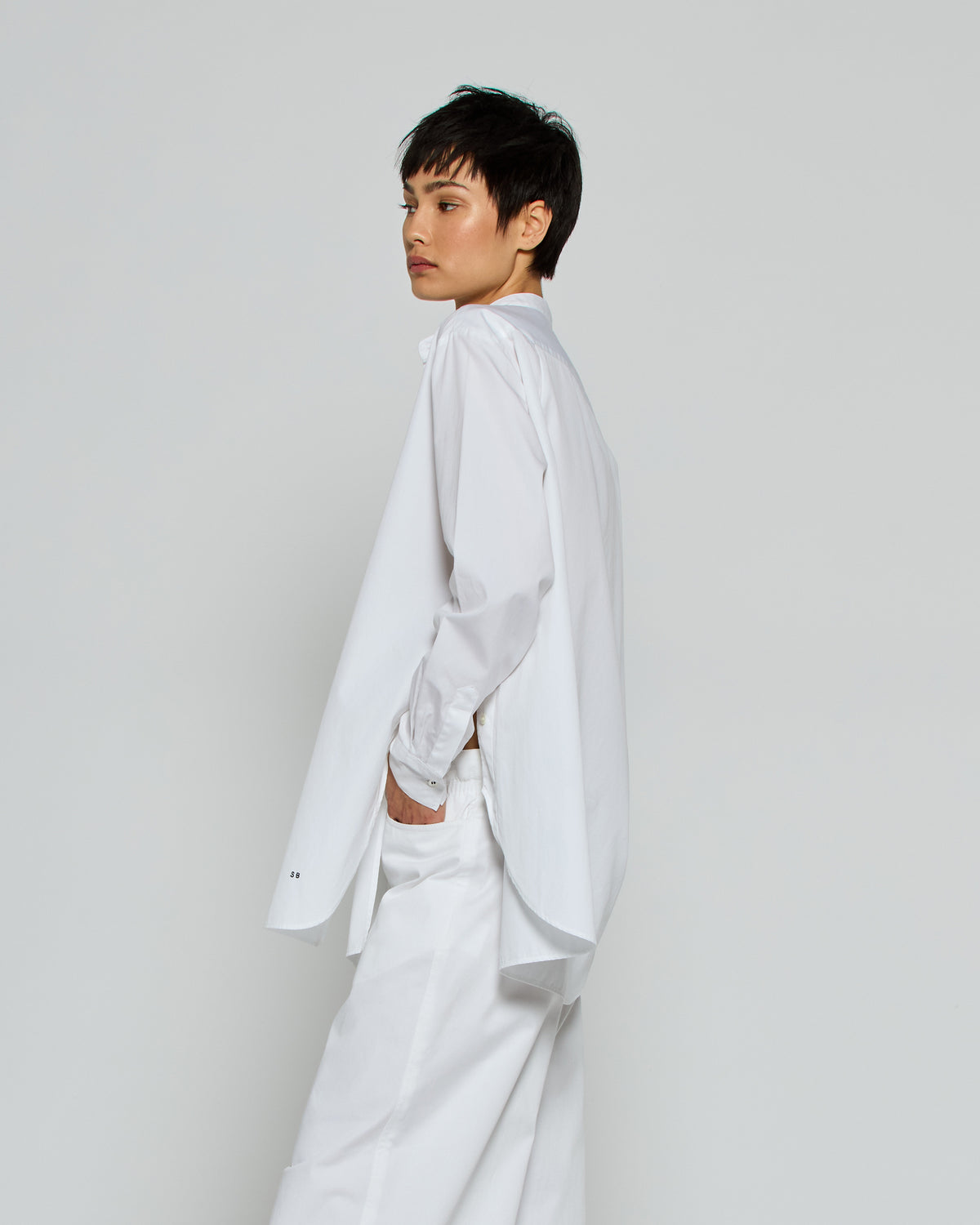 Collarless Shirt with Side Opening - White