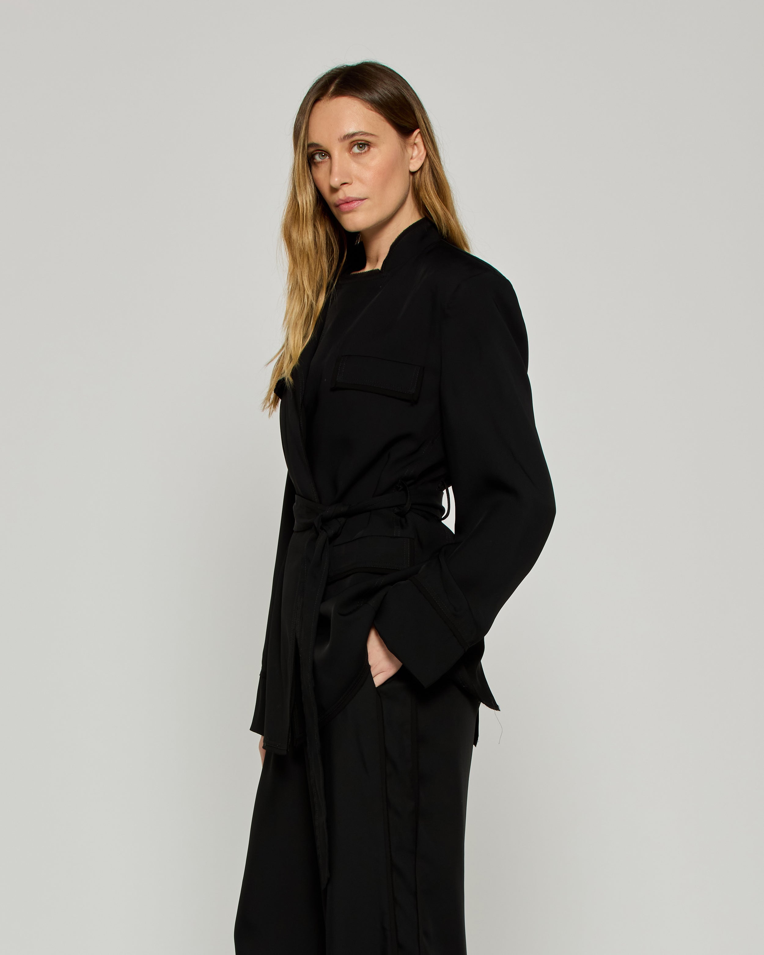 Relaxed Jacket with Georgette Trim - Black