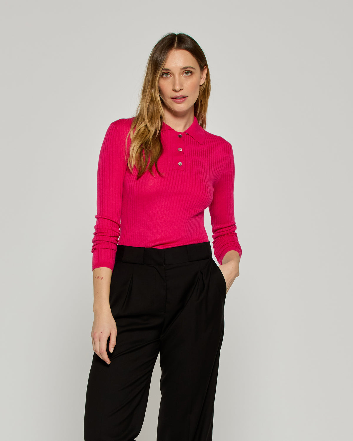 Ribbed Henley Top - Magenta