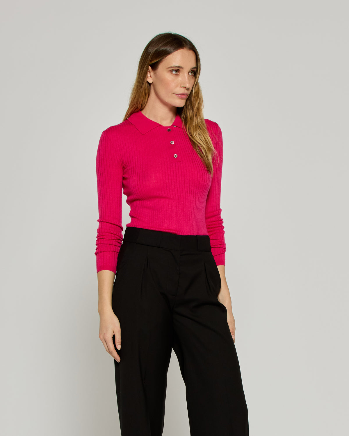 Ribbed Henley Top - Magenta