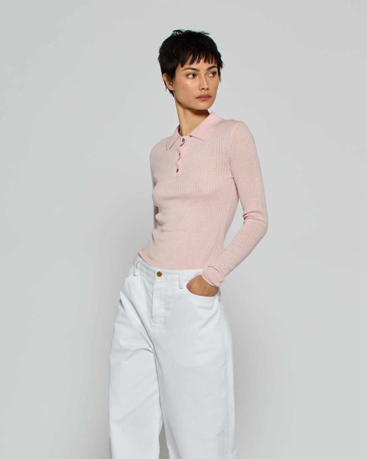 Ribbed Henley Top - Powder Pink