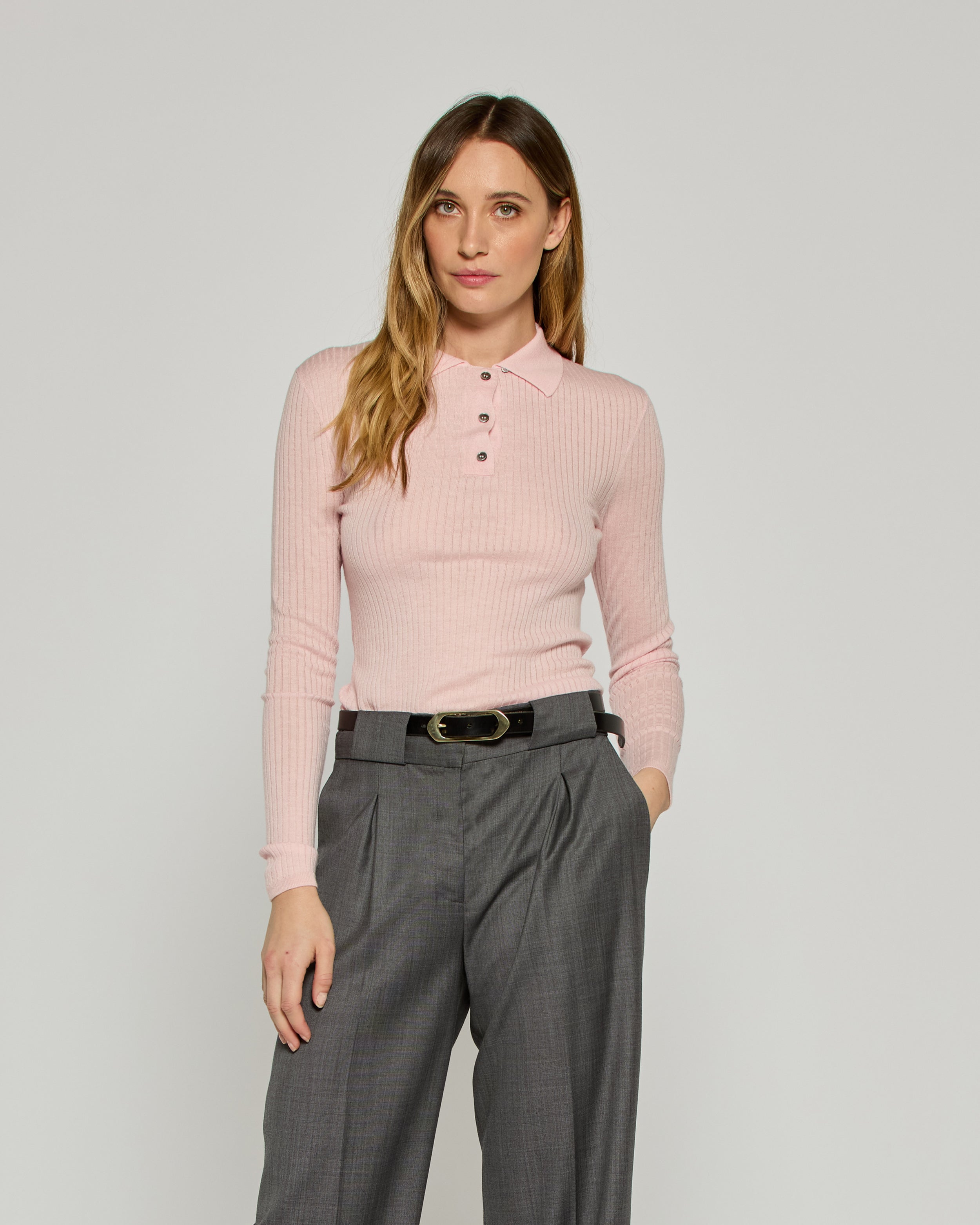 Ribbed Henley Top - Powder Pink