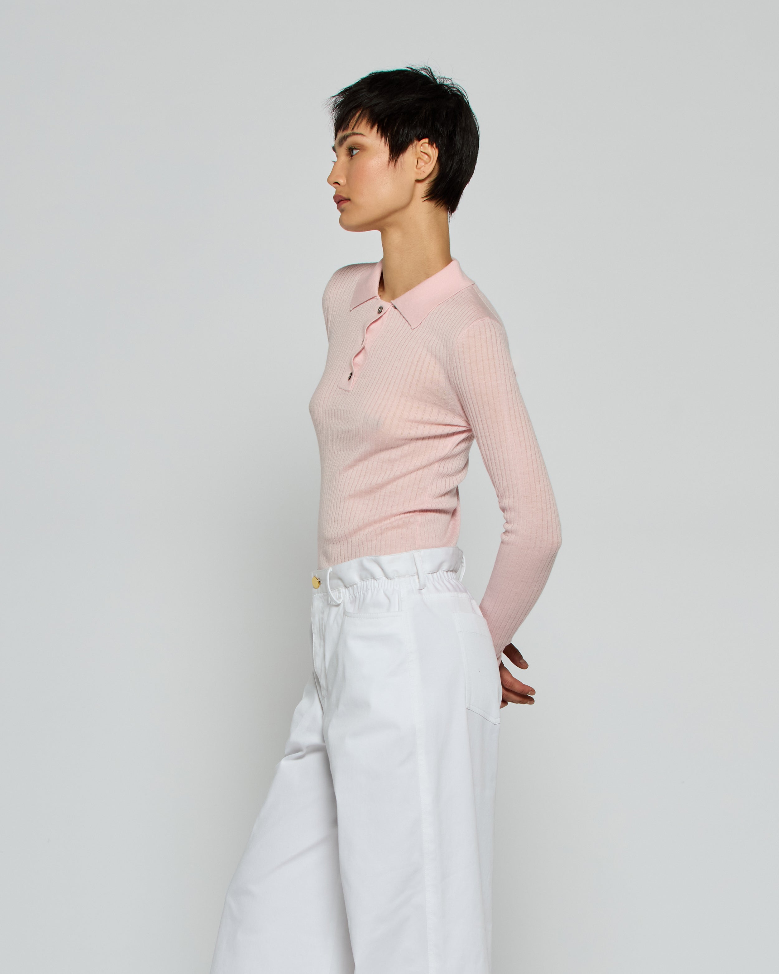 Ribbed Henley Top - Powder Pink