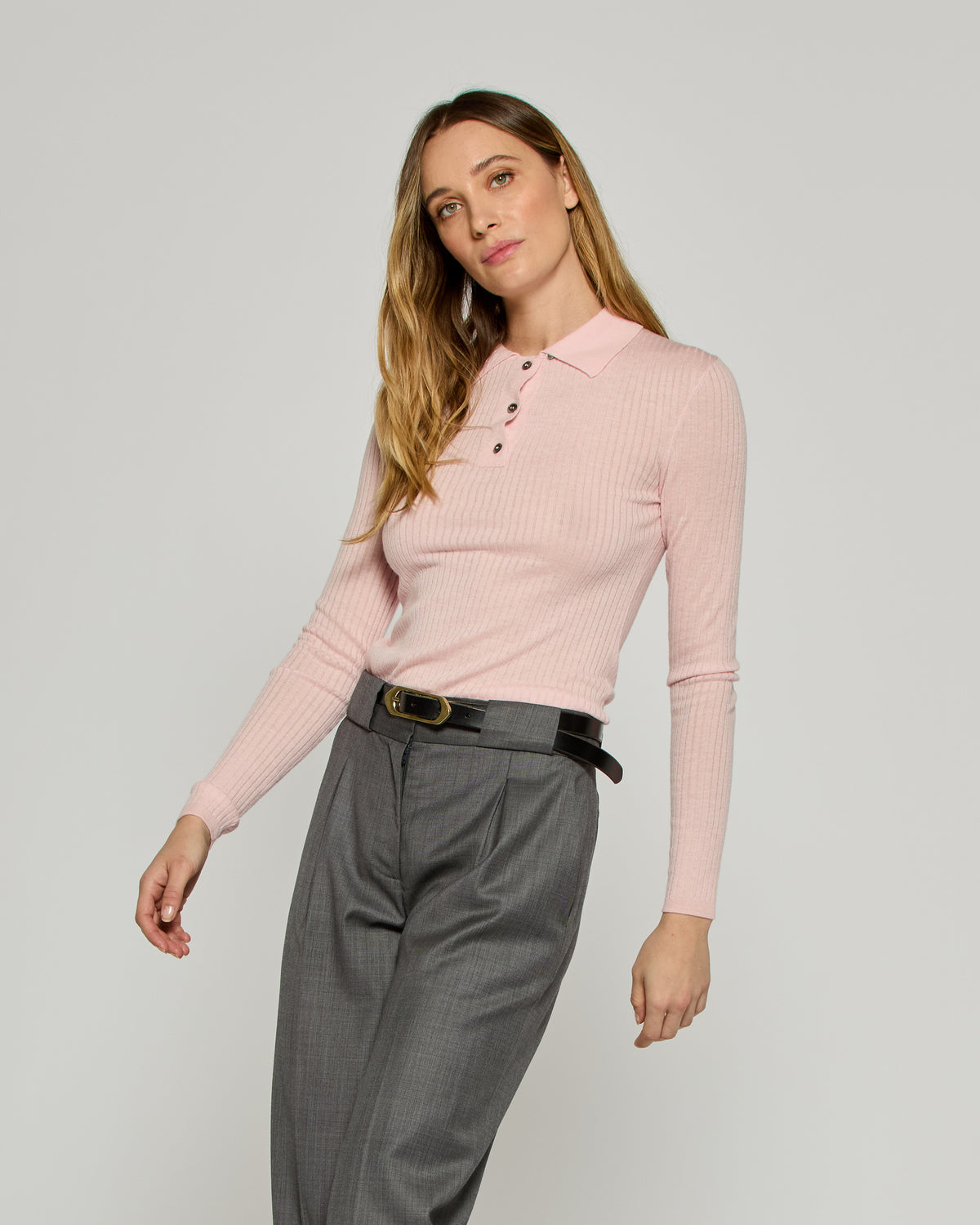 Ribbed Henley Top - Powder Pink