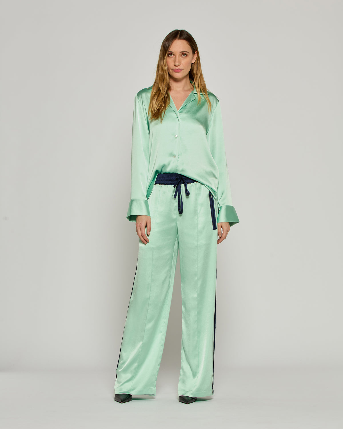 Satin Relaxed Jogger with Zip Pockets - Mint