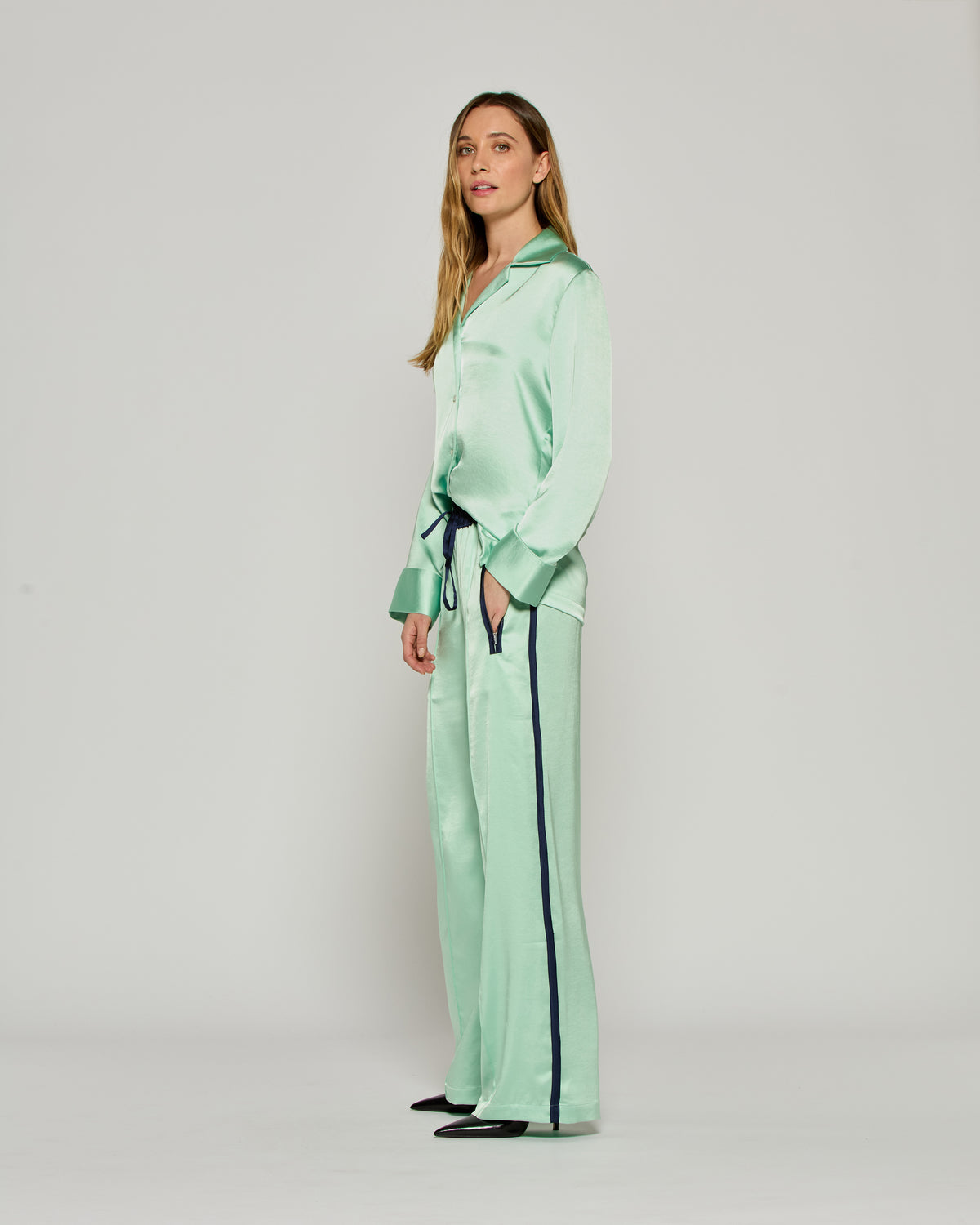 Satin Relaxed Jogger with Zip Pockets - Mint