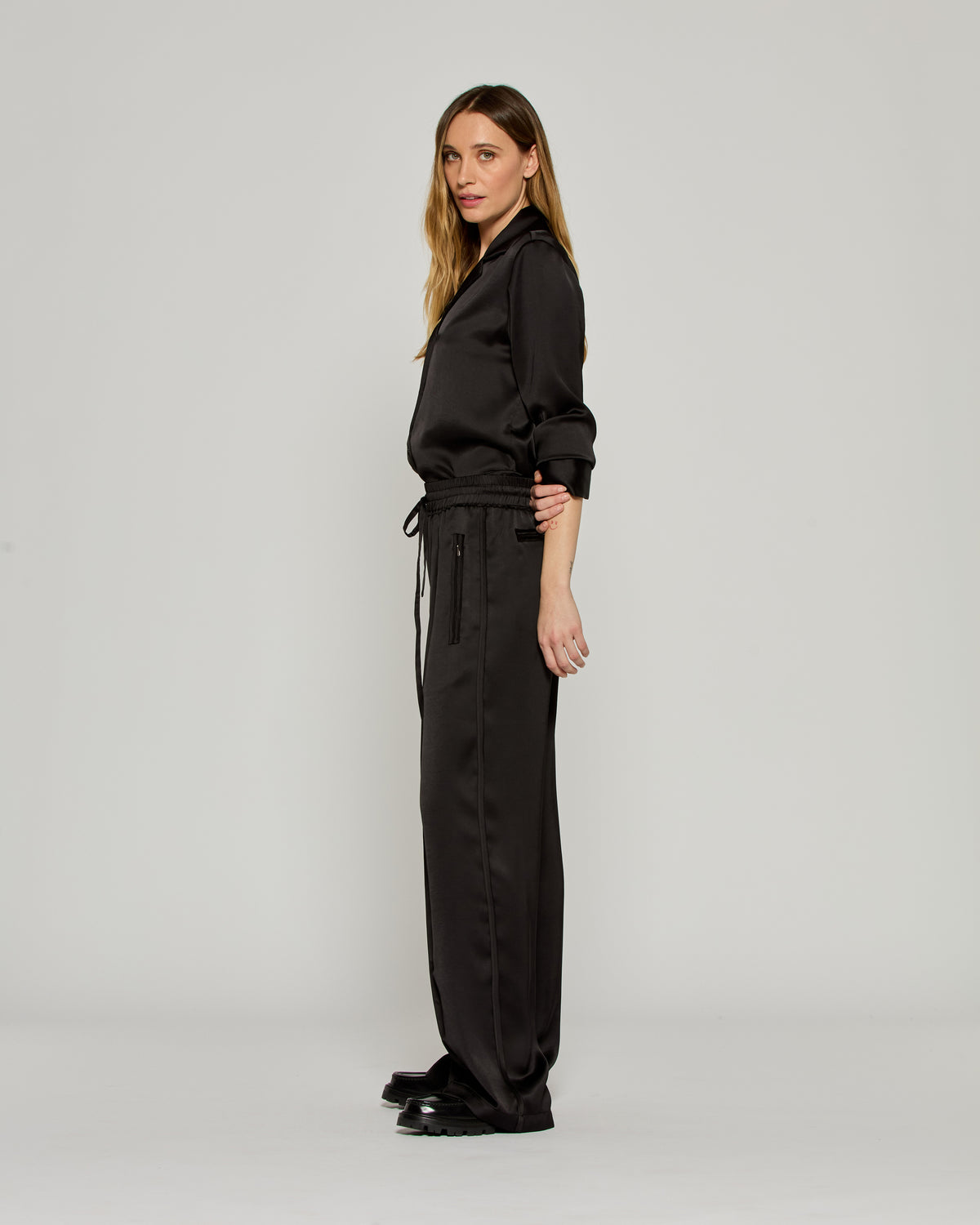 Satin Relaxed Jogger with Zip Pockets - Black