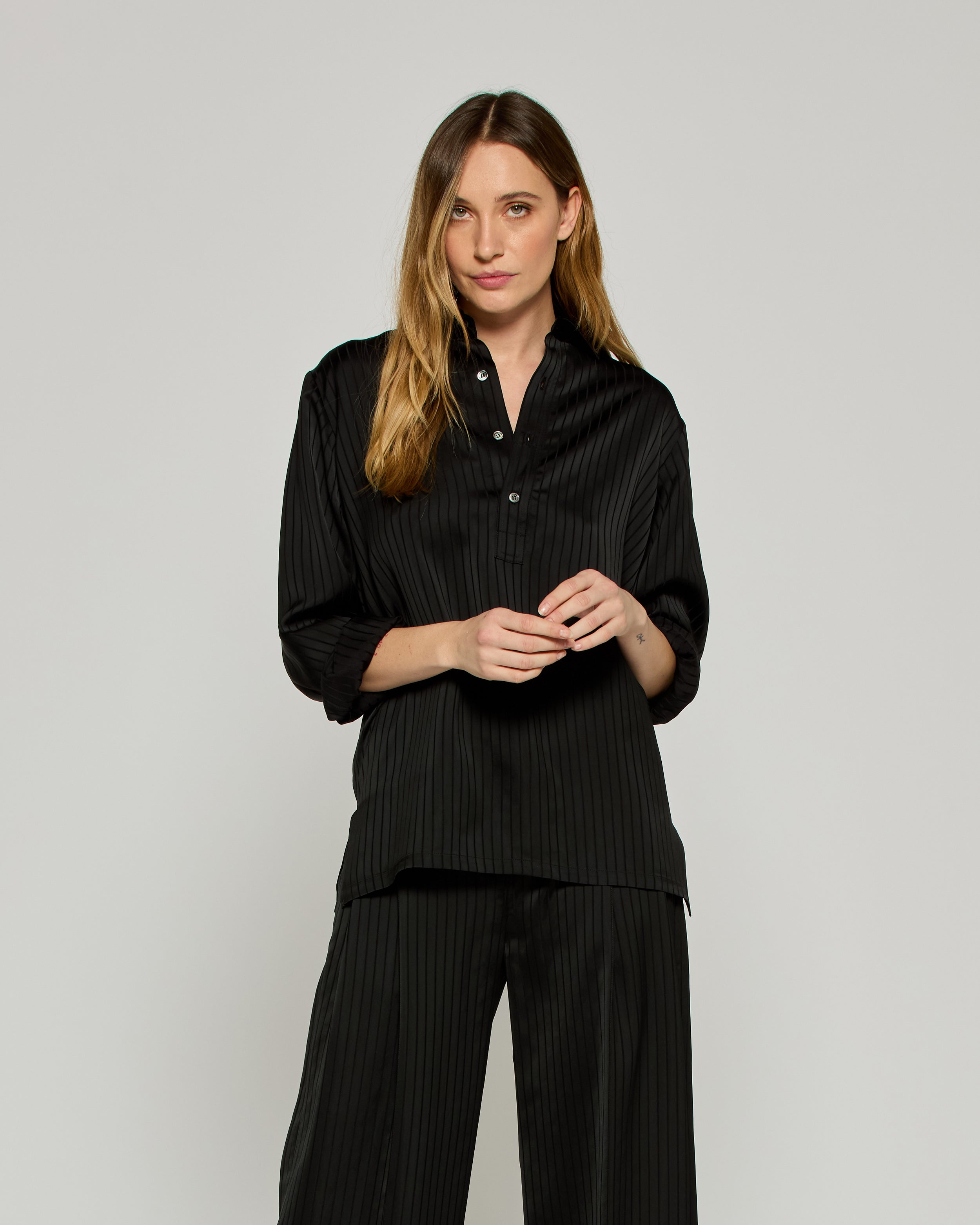 Satin Stripe George Shirt - Black