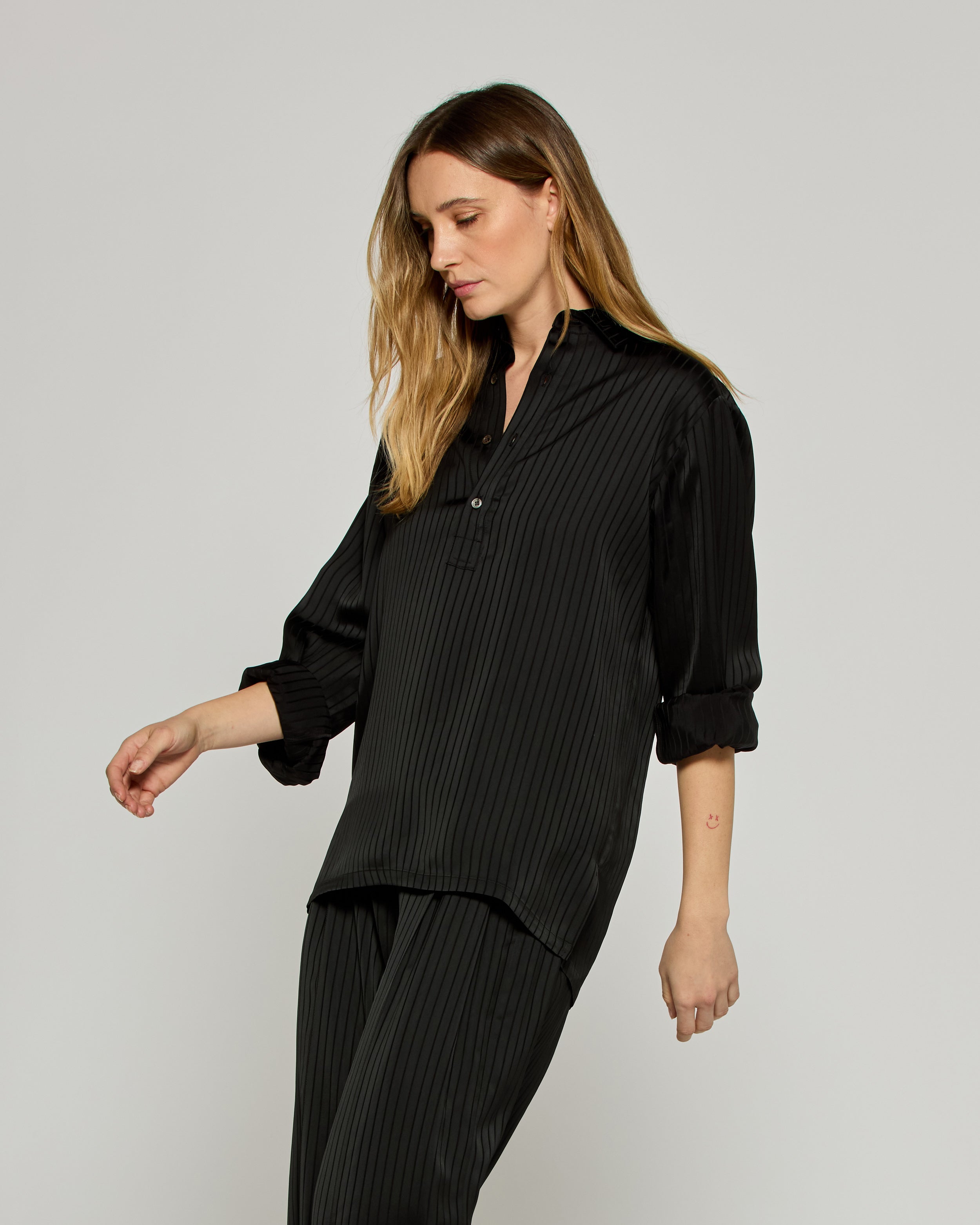 Satin Stripe George Shirt - Black