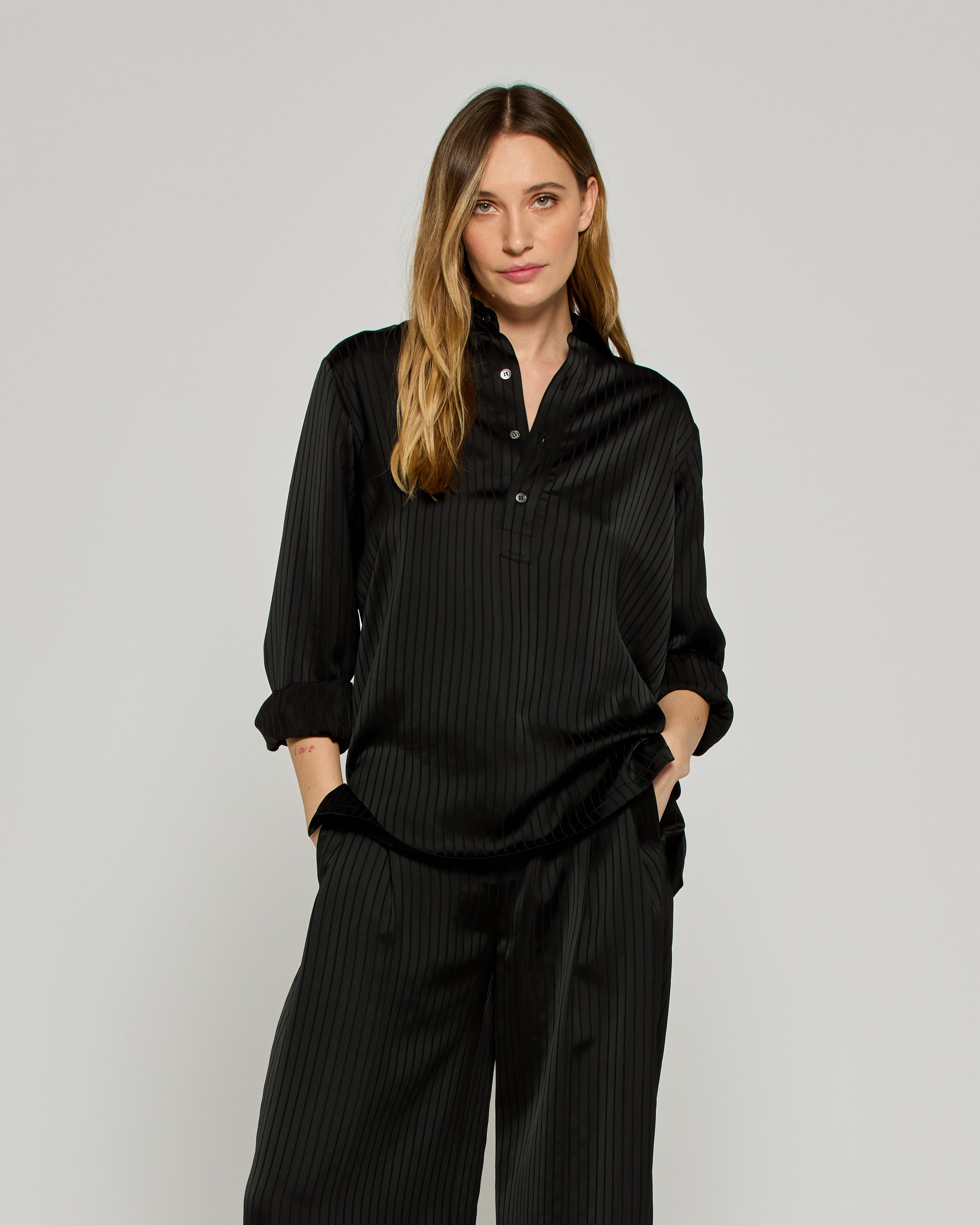 Satin Stripe George Shirt - Black