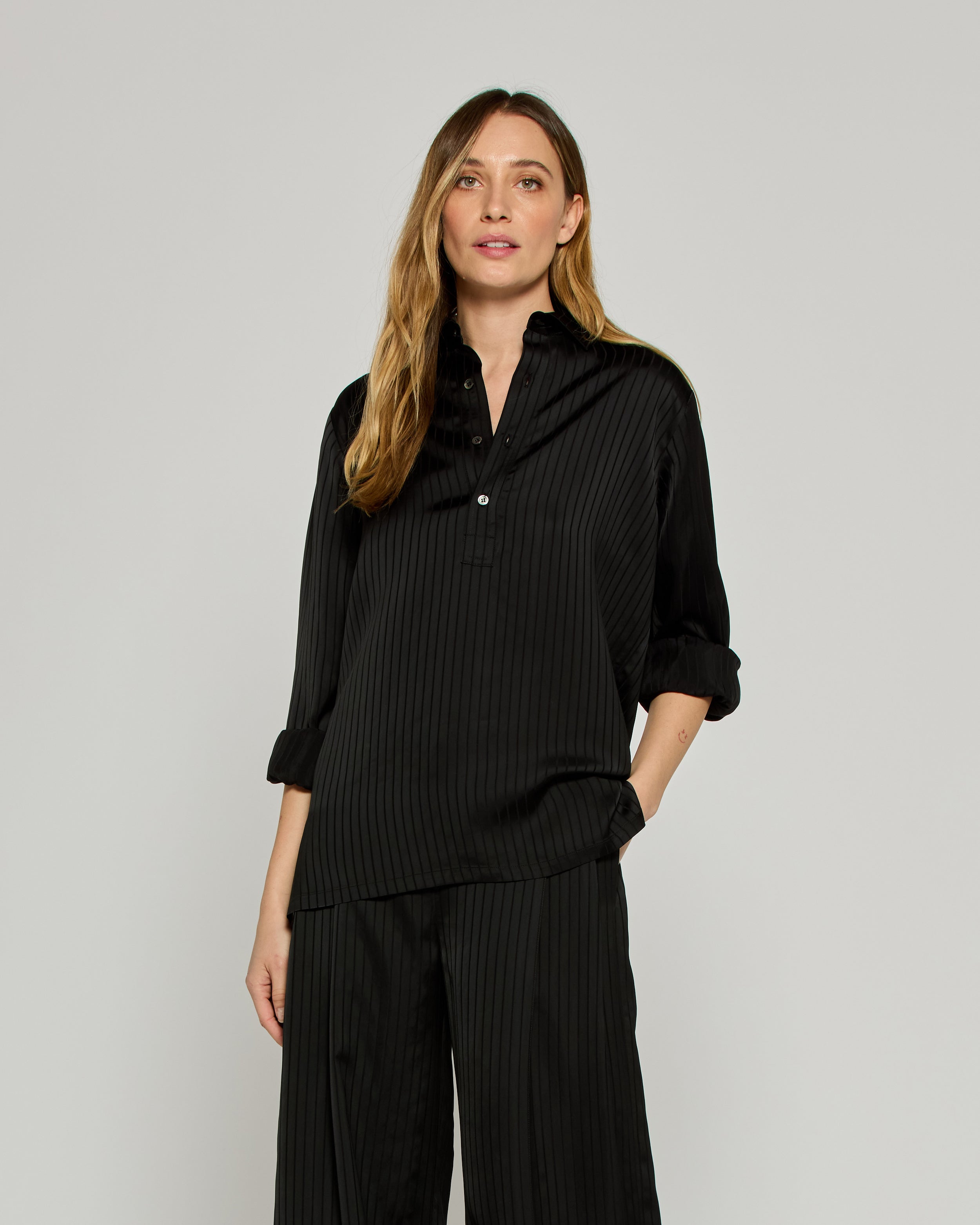 Satin Stripe George Shirt - Black