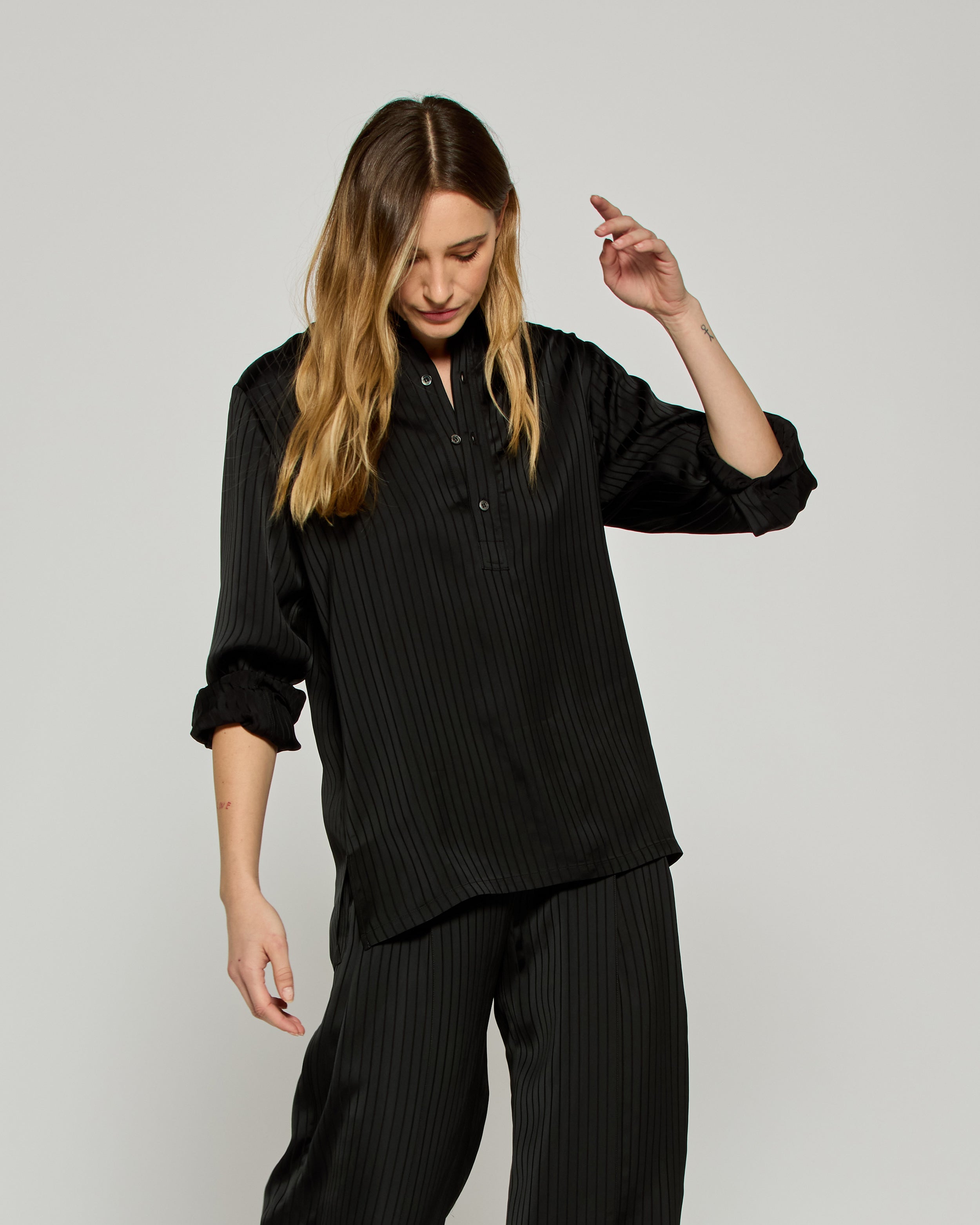 Satin Stripe George Shirt - Black