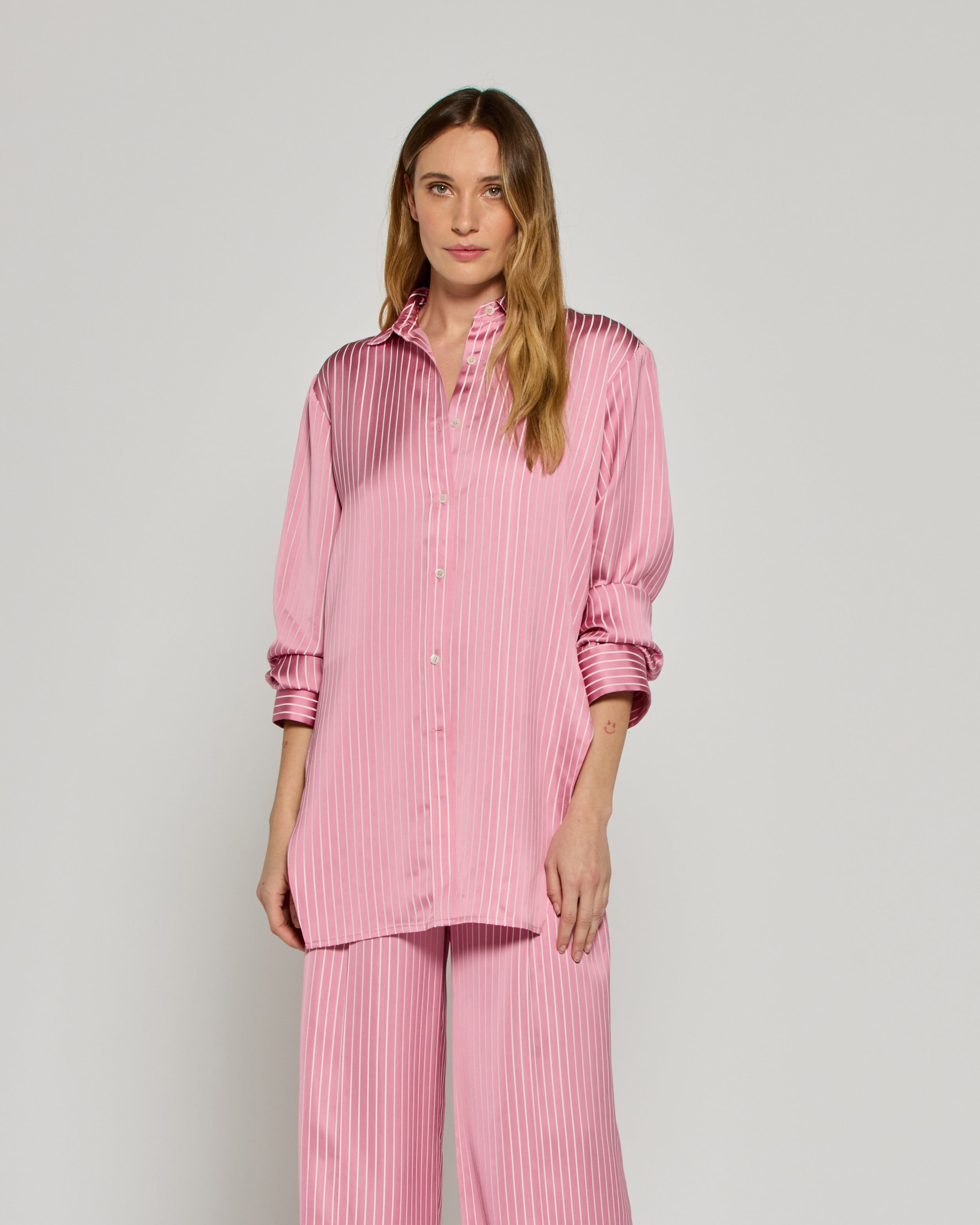 Satin Stripe Open Back Shirt - Pink