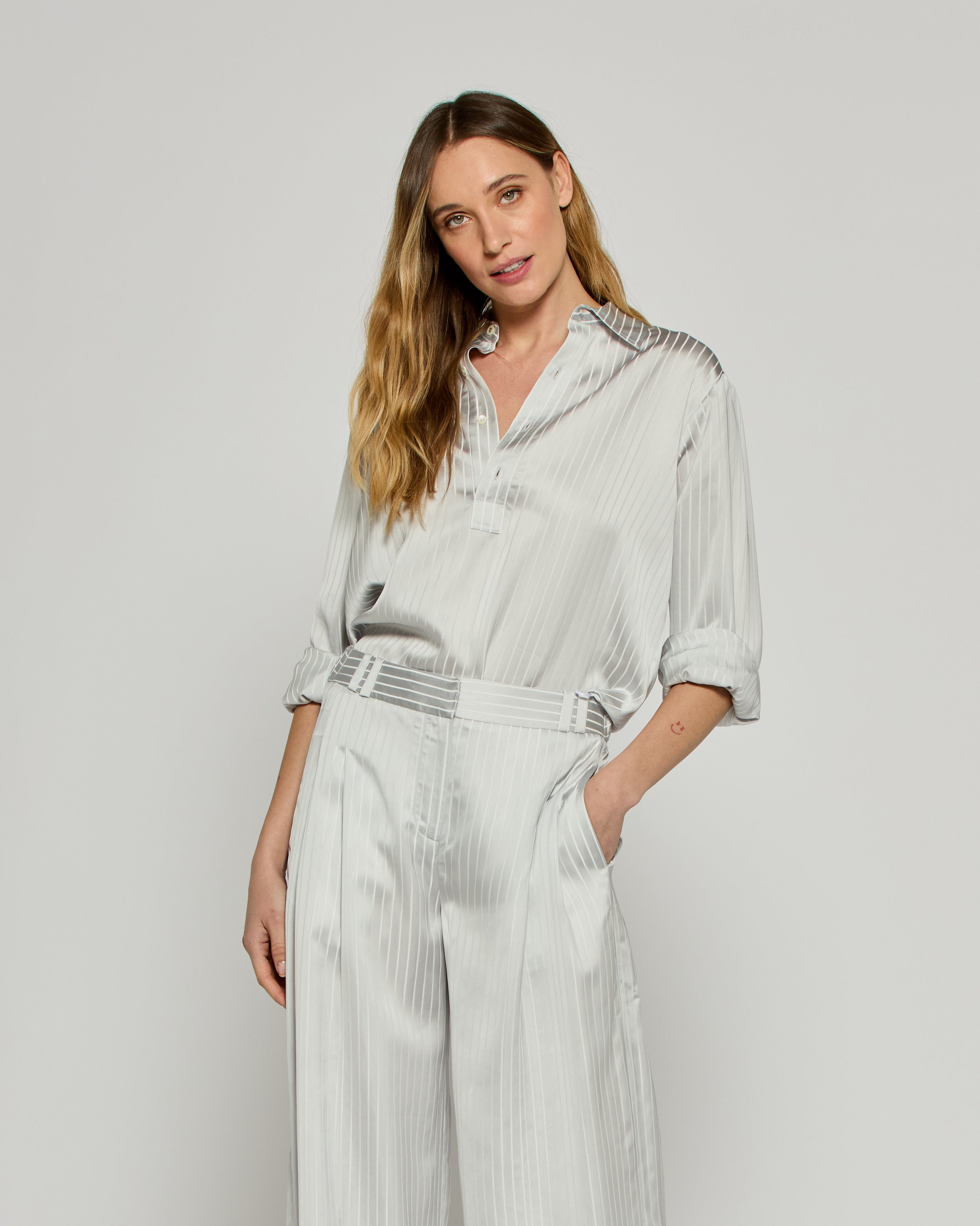 Satin Stripe George Shirt - Silver