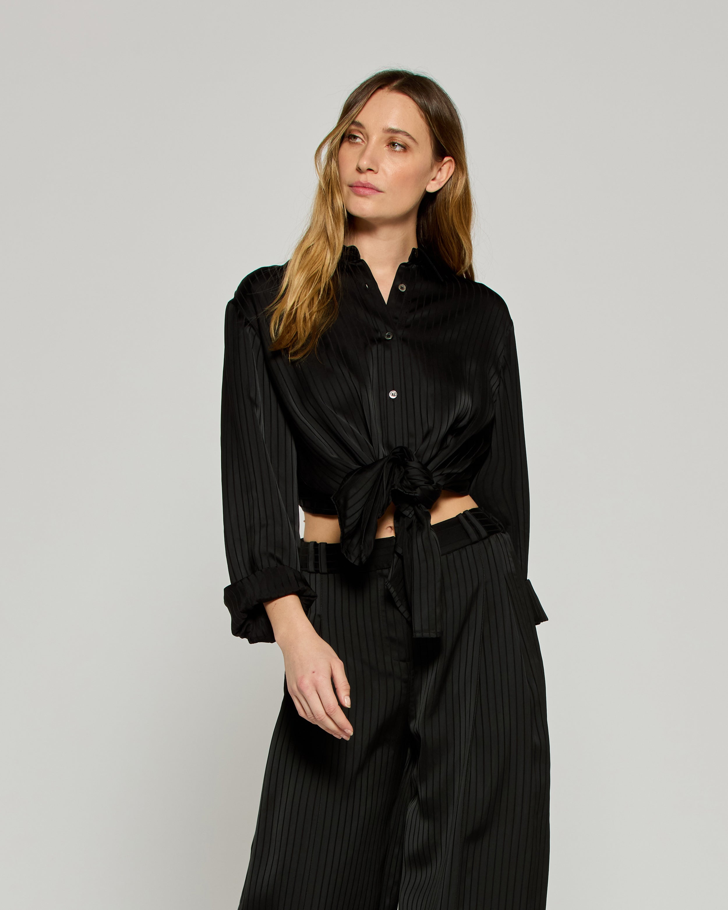 Satin Stripe Open Back Shirt - Black