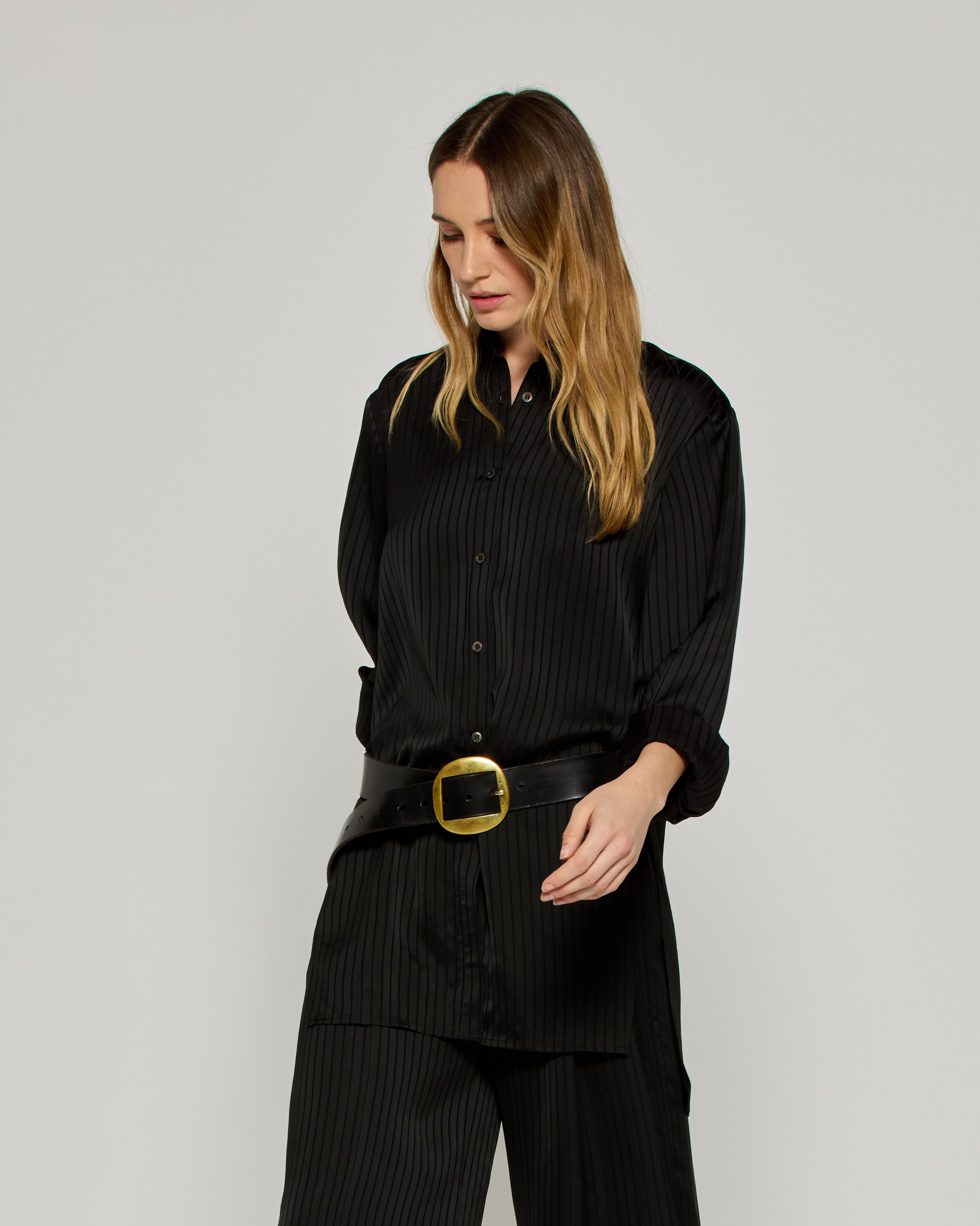 Satin Stripe Open Back Shirt - Black