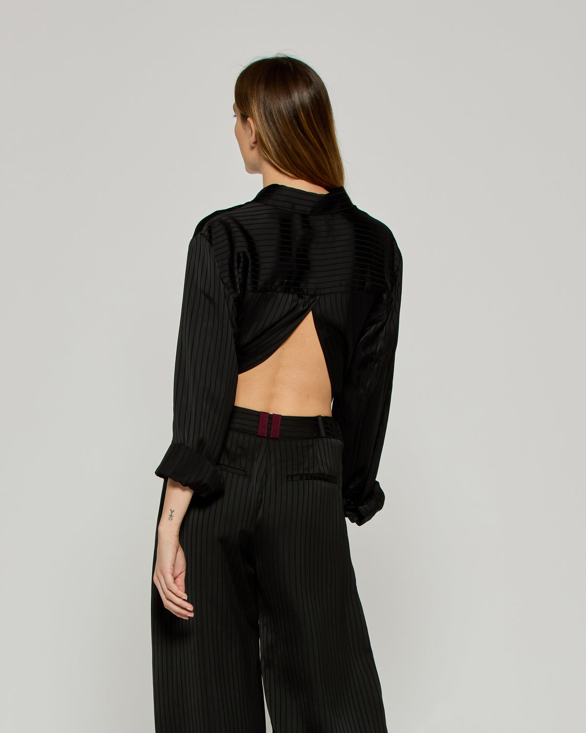 Satin Stripe Open Back Shirt - Black