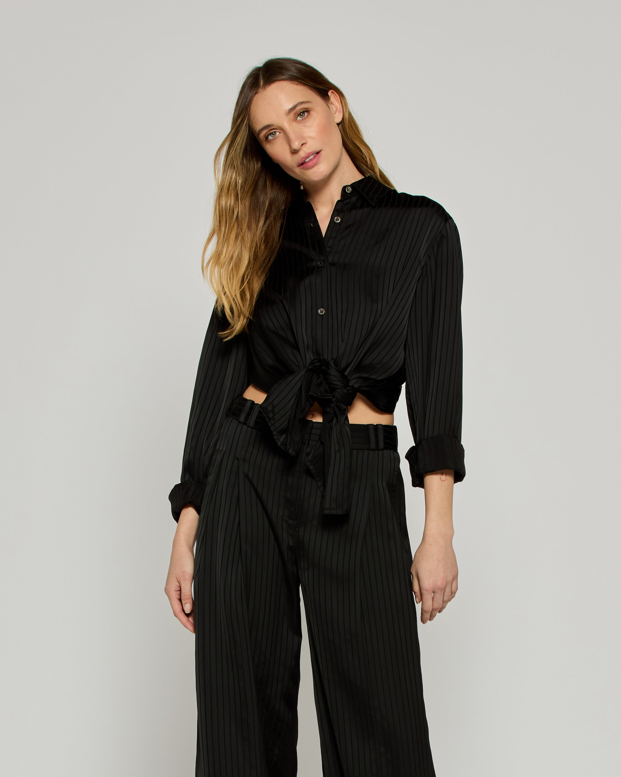 Satin Stripe Open Back Shirt - Black