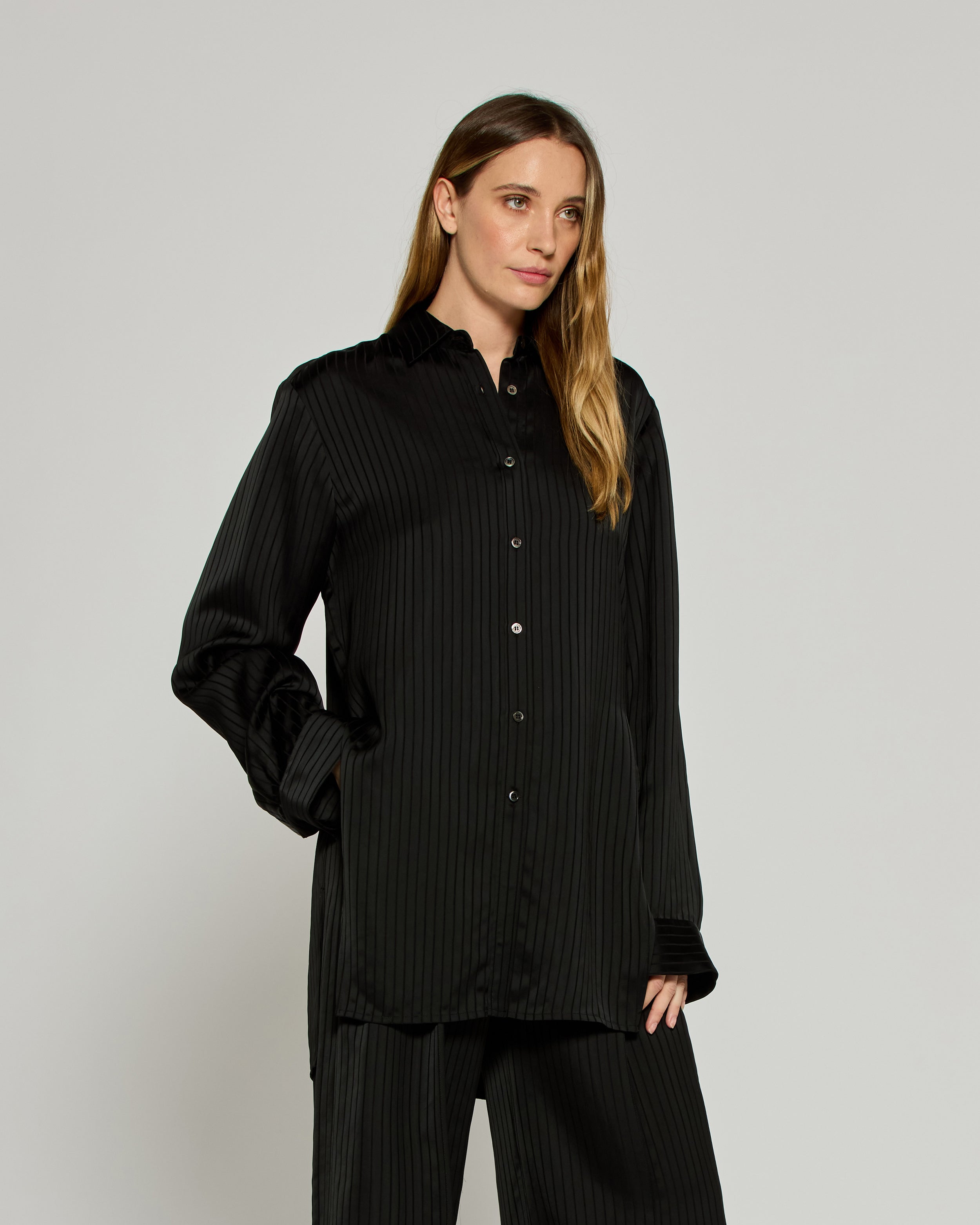 Satin Stripe Open Back Shirt - Black