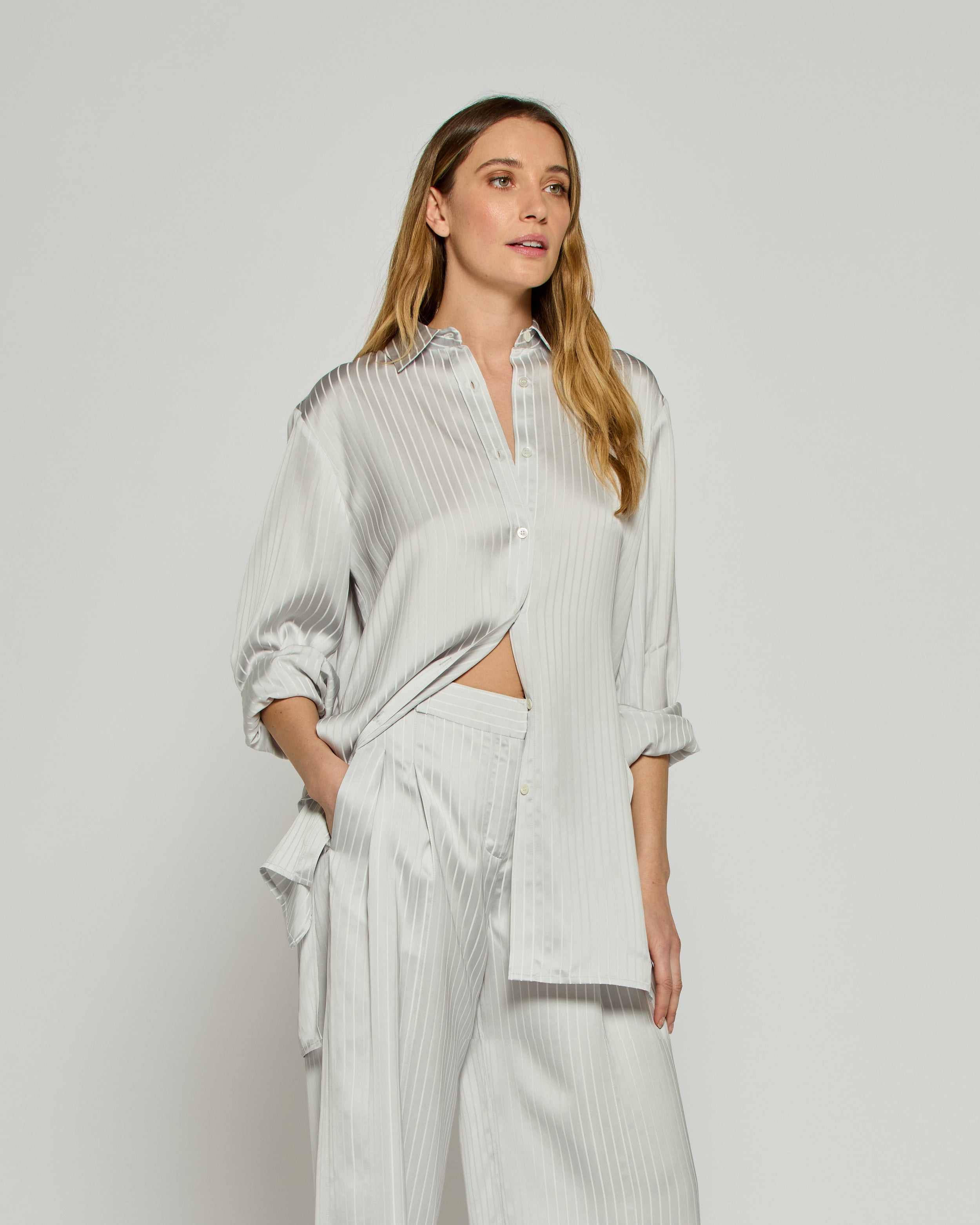 Satin Stripe Open Back Shirt - Silver