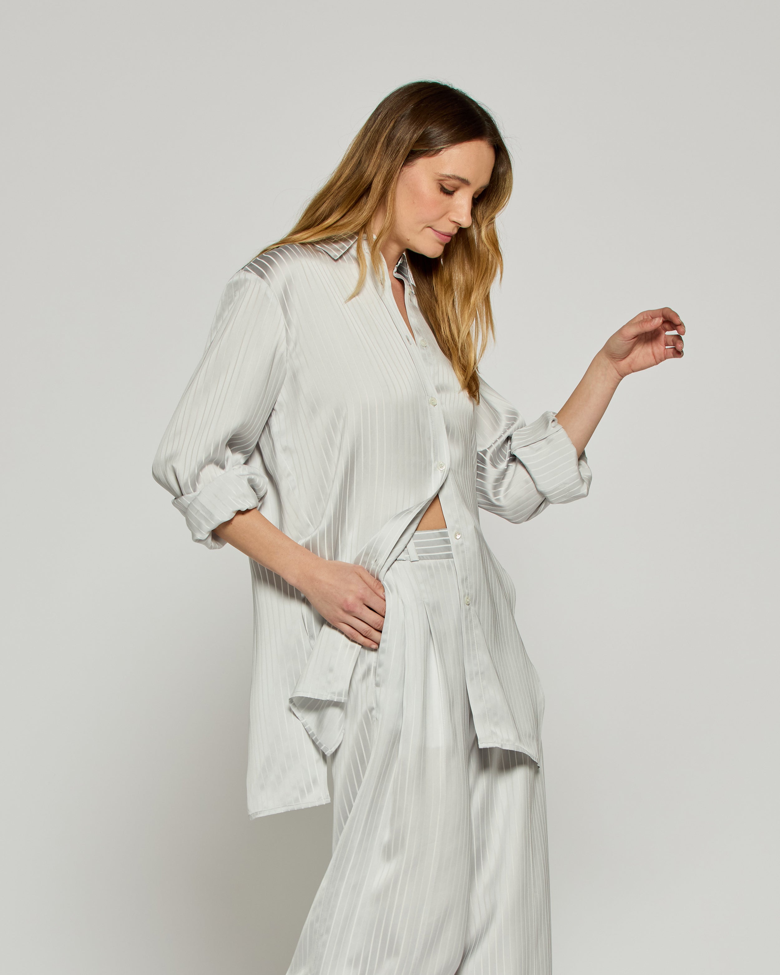 Satin Stripe Open Back Shirt - Silver