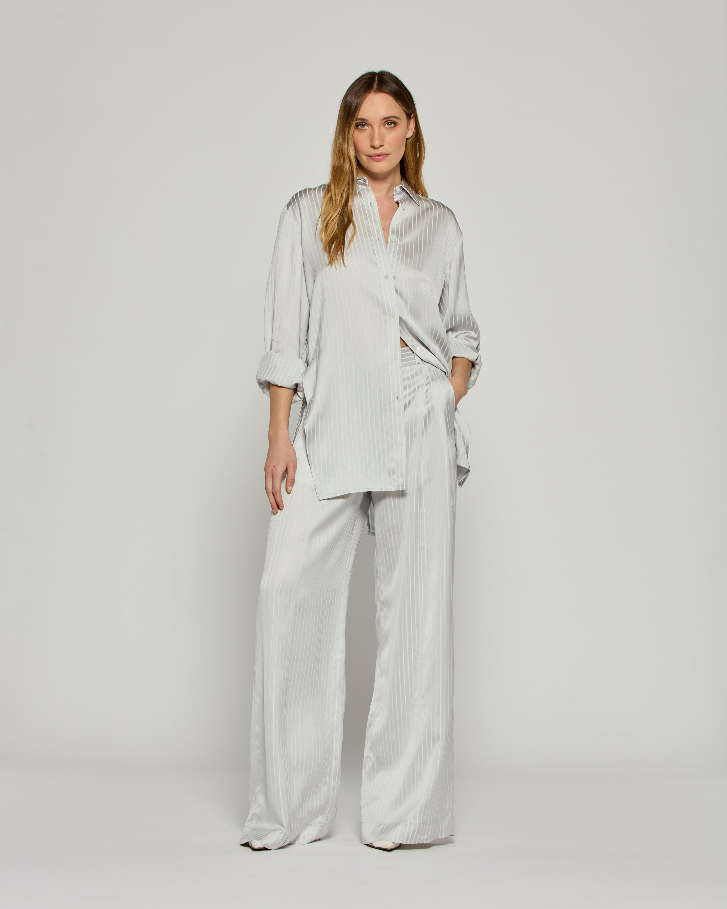 Satin Stripe Serena Trouser - Silver