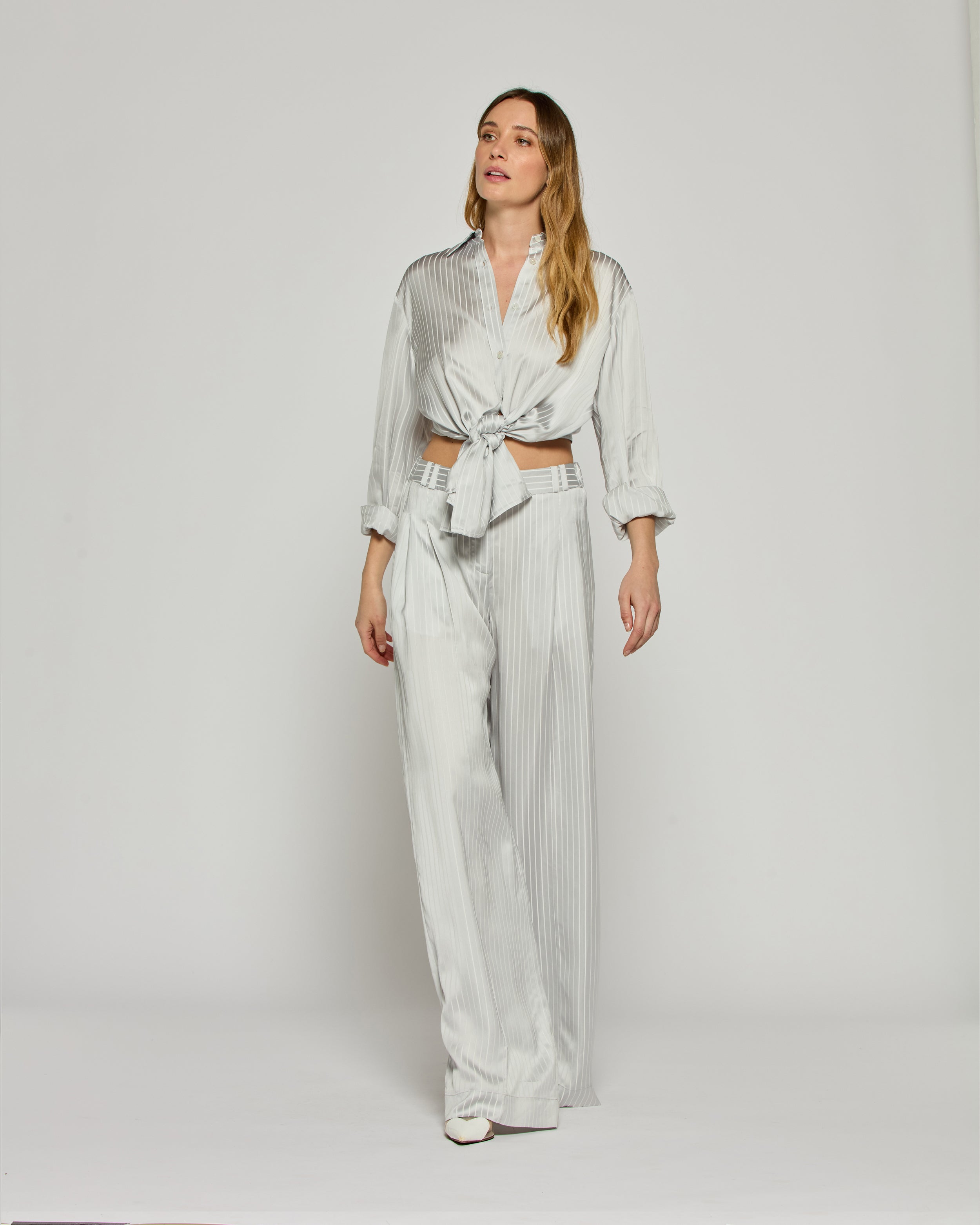 Satin Stripe Serena Trouser - Silver