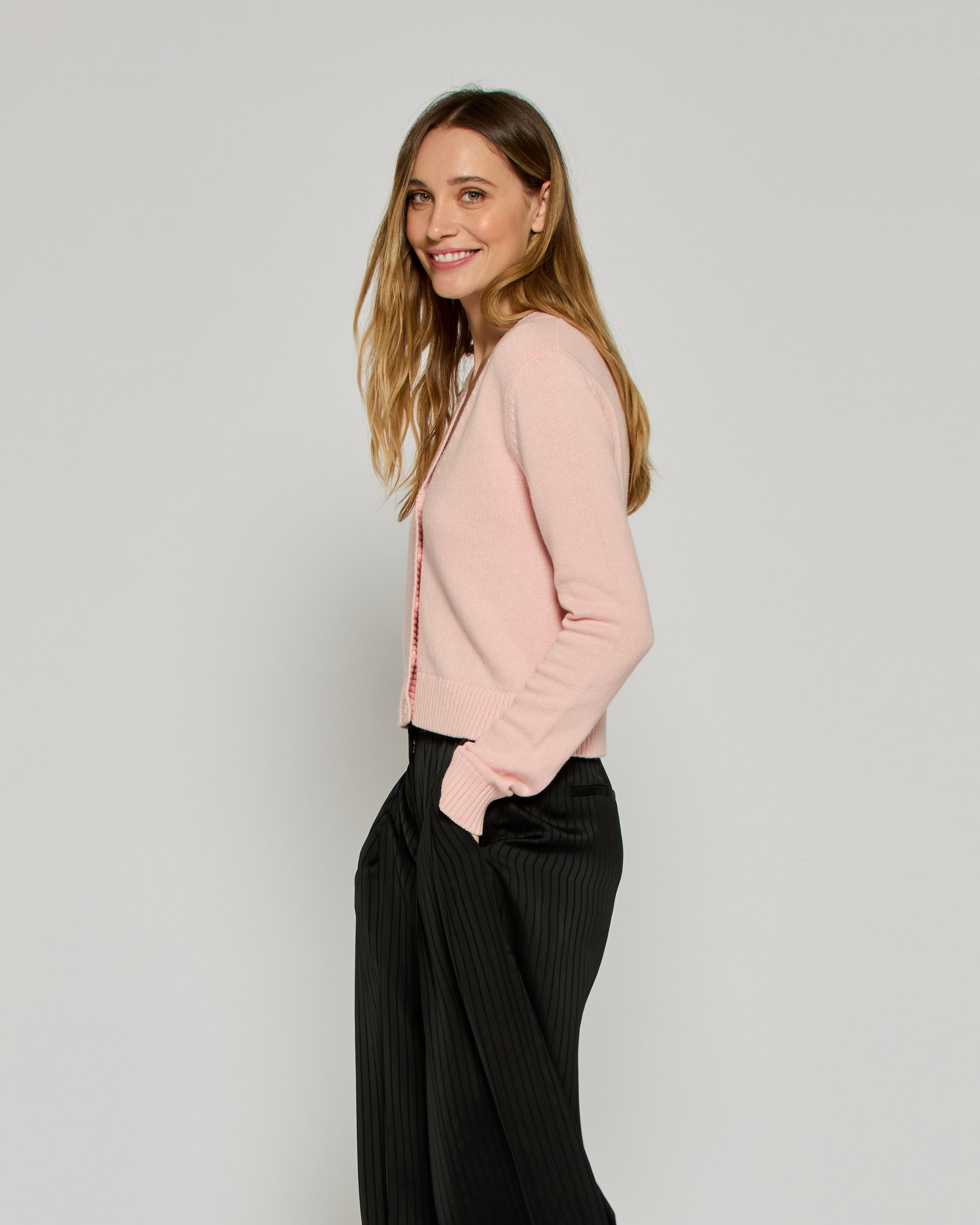 V-Neck Semi Cropped Cardigan - Light Pink