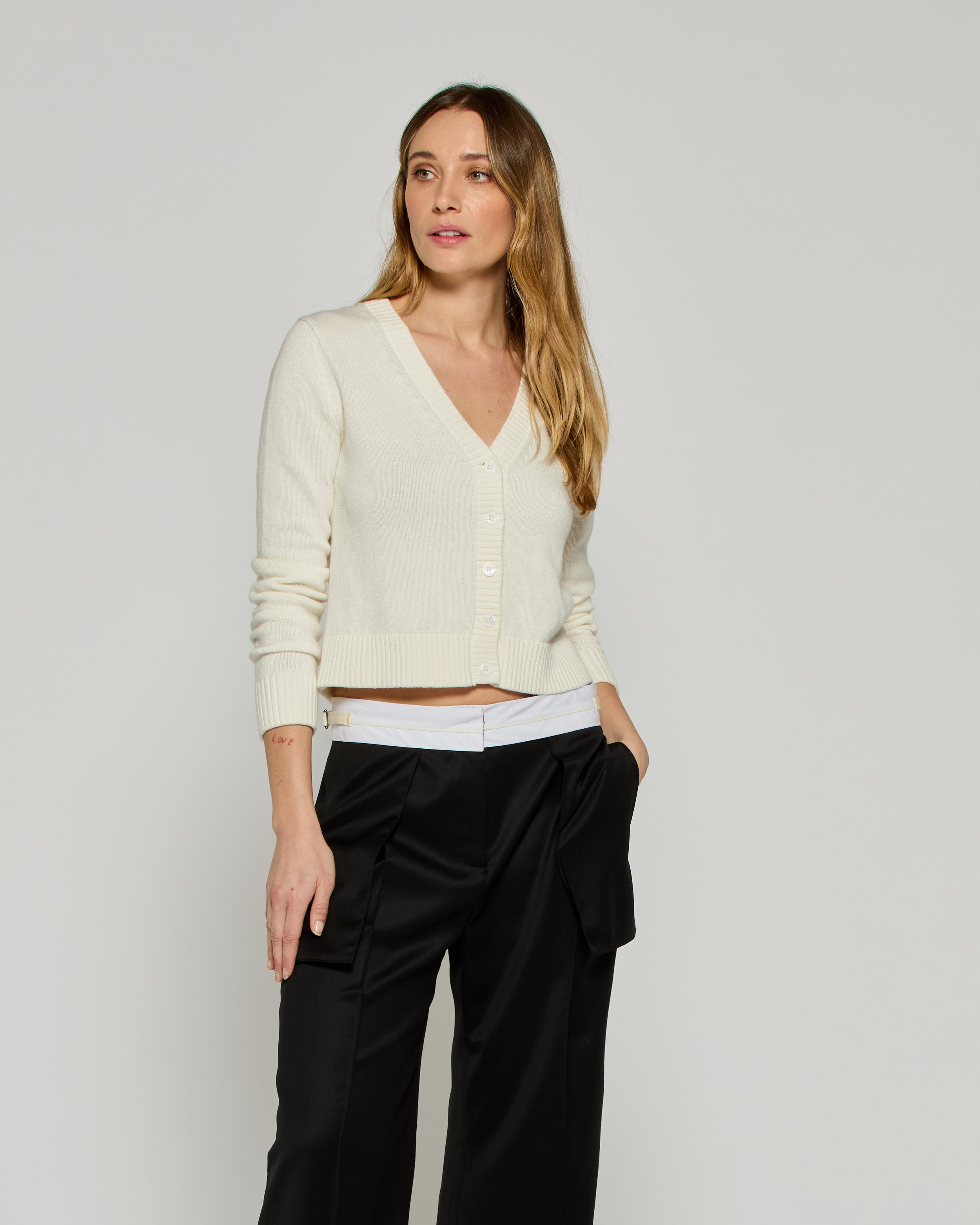 V-Neck Semi Cropped Cardigan - White