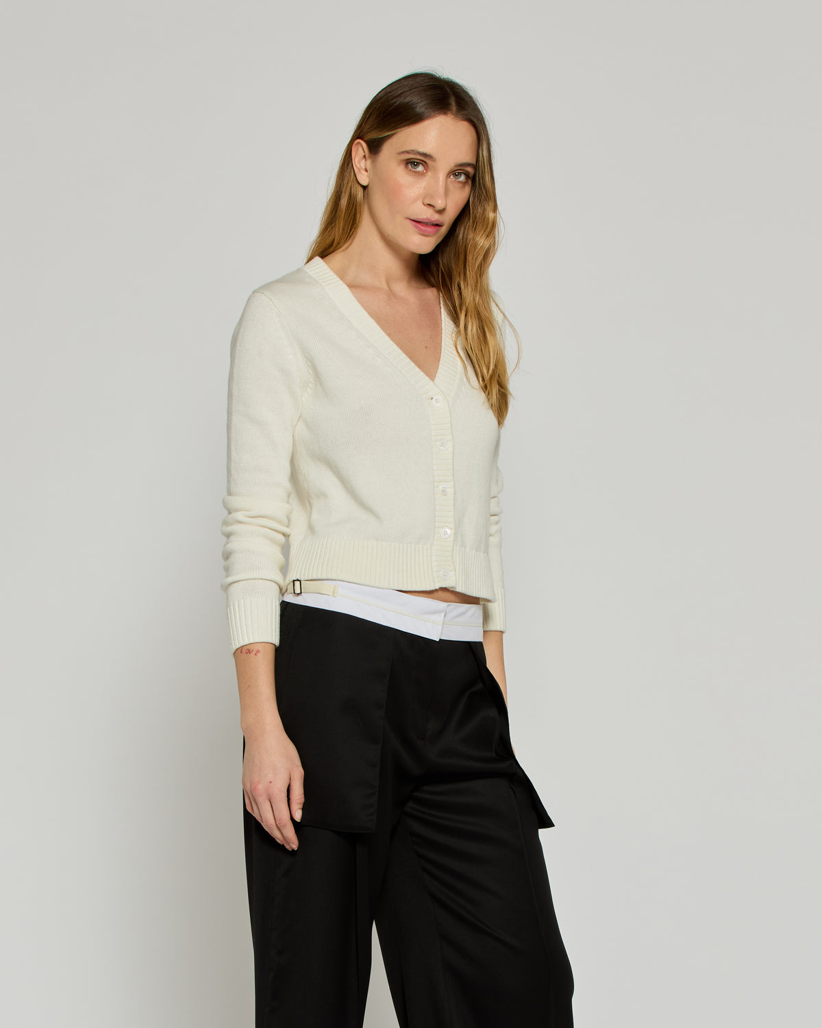 V-Neck Semi Cropped Cardigan - White