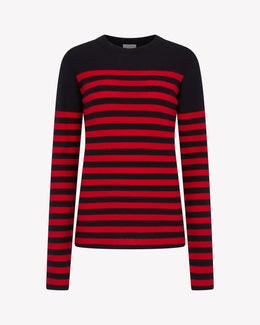 Merino Wool Striped Fitted Jumper - Navy Blue / Red