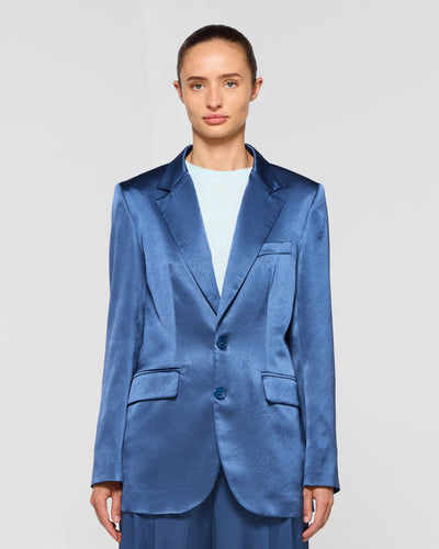 Satin Boyfriend Blazer - Dusty Navy Blue SERENA BUTE