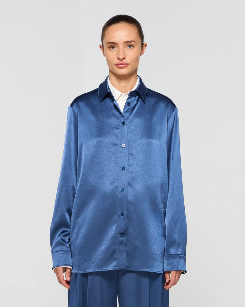 Satin Boyfriend Shirt - Dusty Navy Blue picture #3