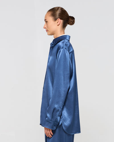 Satin Boyfriend Shirt - Dusty Navy Blue SERENA BUTE