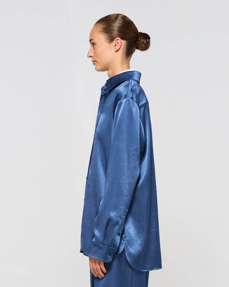 Satin Boyfriend Shirt - Dusty Navy Blue picture #4
