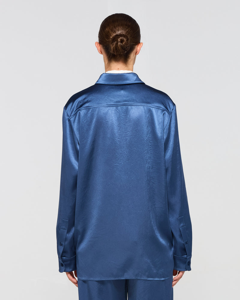 Satin Boyfriend Shirt - Dusty Navy Blue SERENA BUTE