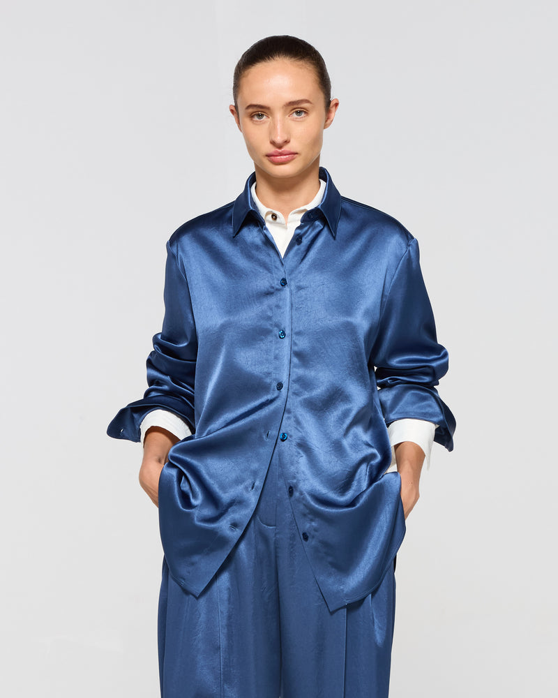 Satin Boyfriend Shirt - Dusty Navy Blue picture #2