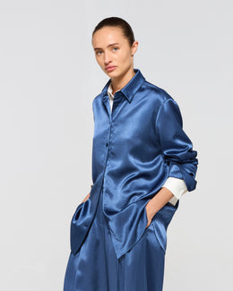 Satin Boyfriend Shirt - Dusty Navy Blue