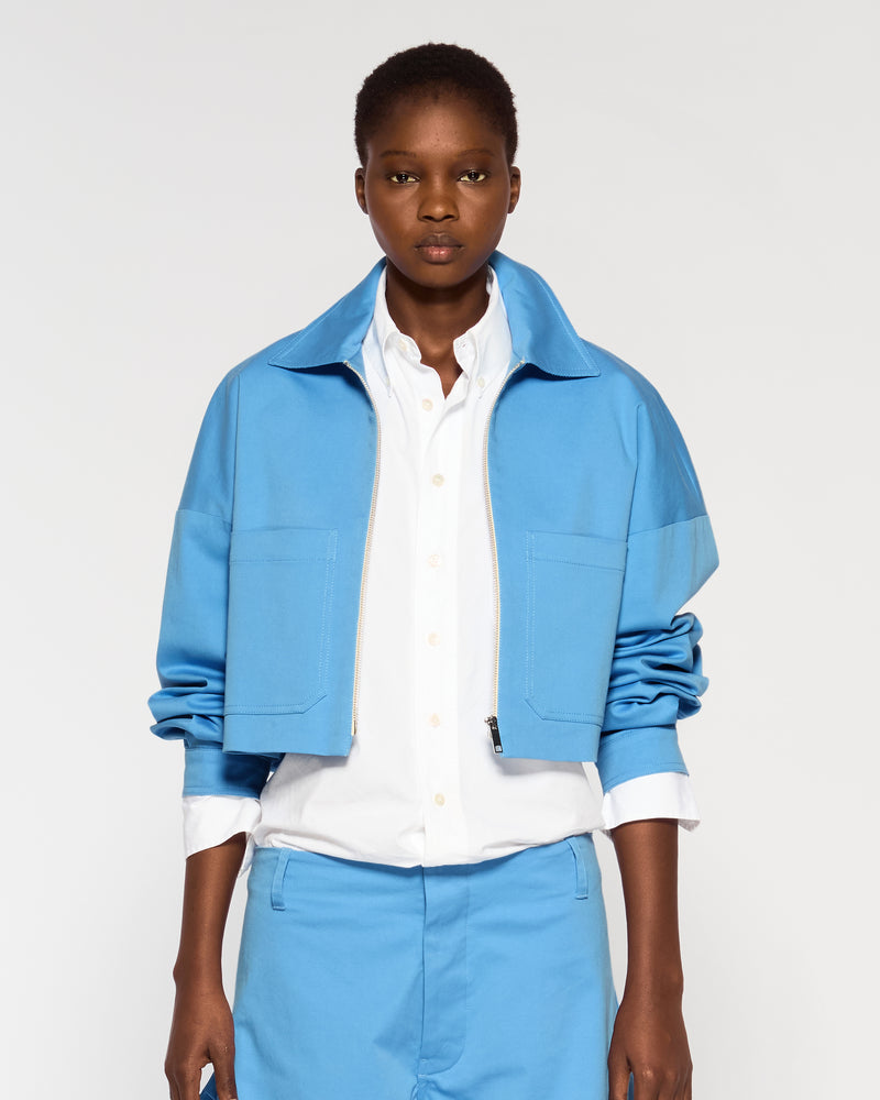 Cotton Gabardine Dropped Shoulder Jacket - Cornflower Blue picture #2