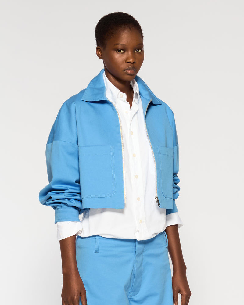Cotton Gabardine Dropped Shoulder Jacket - Cornflower Blue picture #3