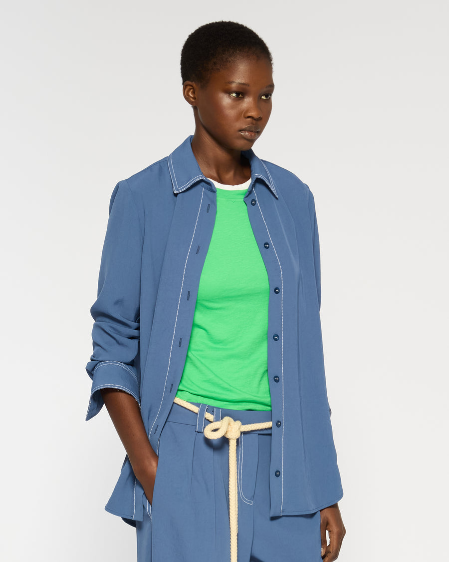 Serena Bute lightweight twill classic Shirt in denim blue side view model wearing